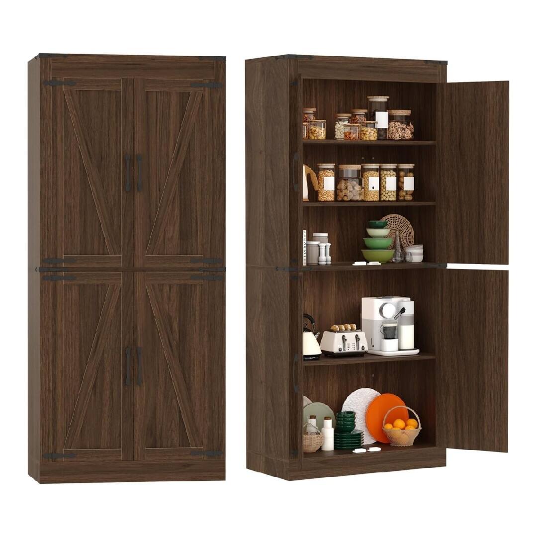 Alt View 2. GARVEE - 71in Tall Farmhouse Kitchen Pantry Storage Cabinet with 4 Barn Doors and Adjustable Shelves - Brown.