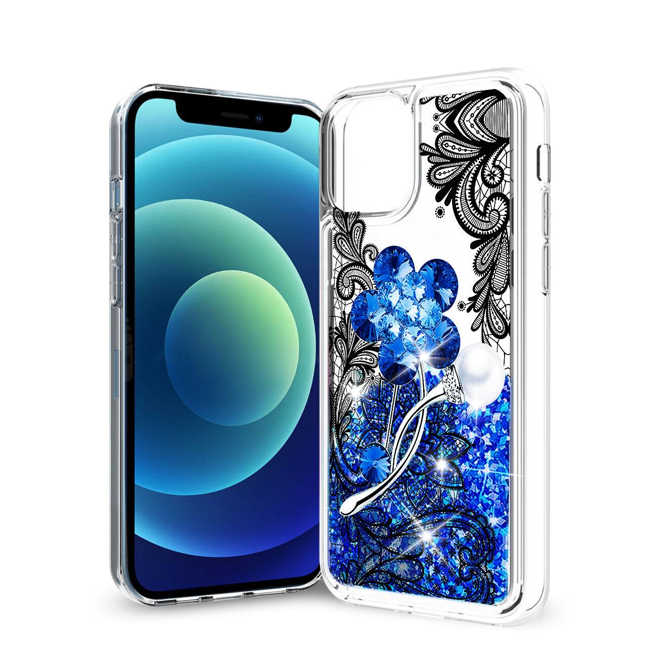 Front. Reiko - Iphone 12 Mini Glitter Case Moving Quicksand Navy Floral - Navy Blue.