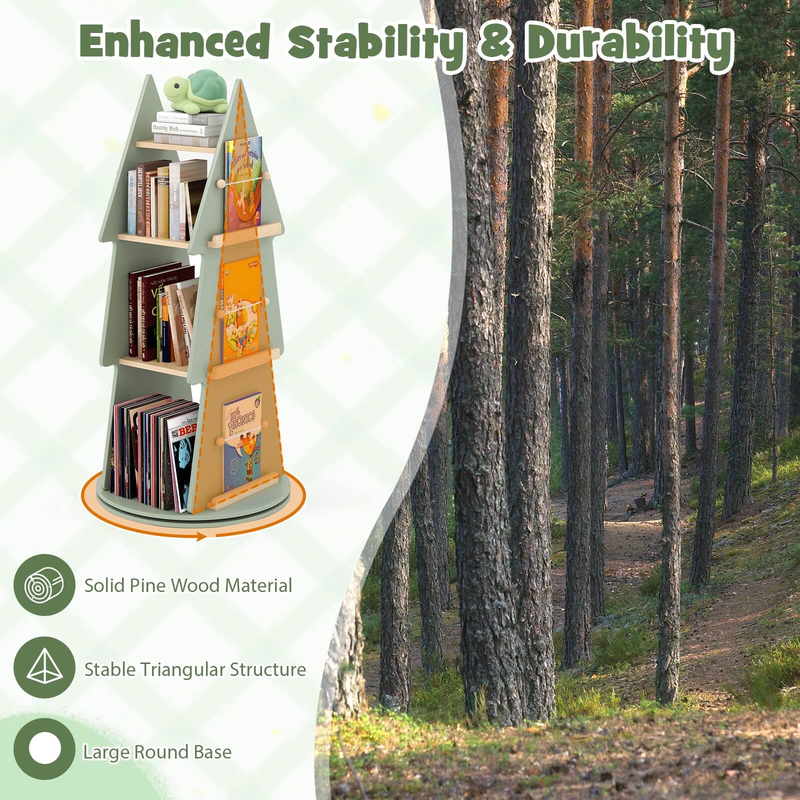 Enhanced Stability & Durability

- Solid Pine Wood Material
- Stable Triangular Structure
- Large Round Base