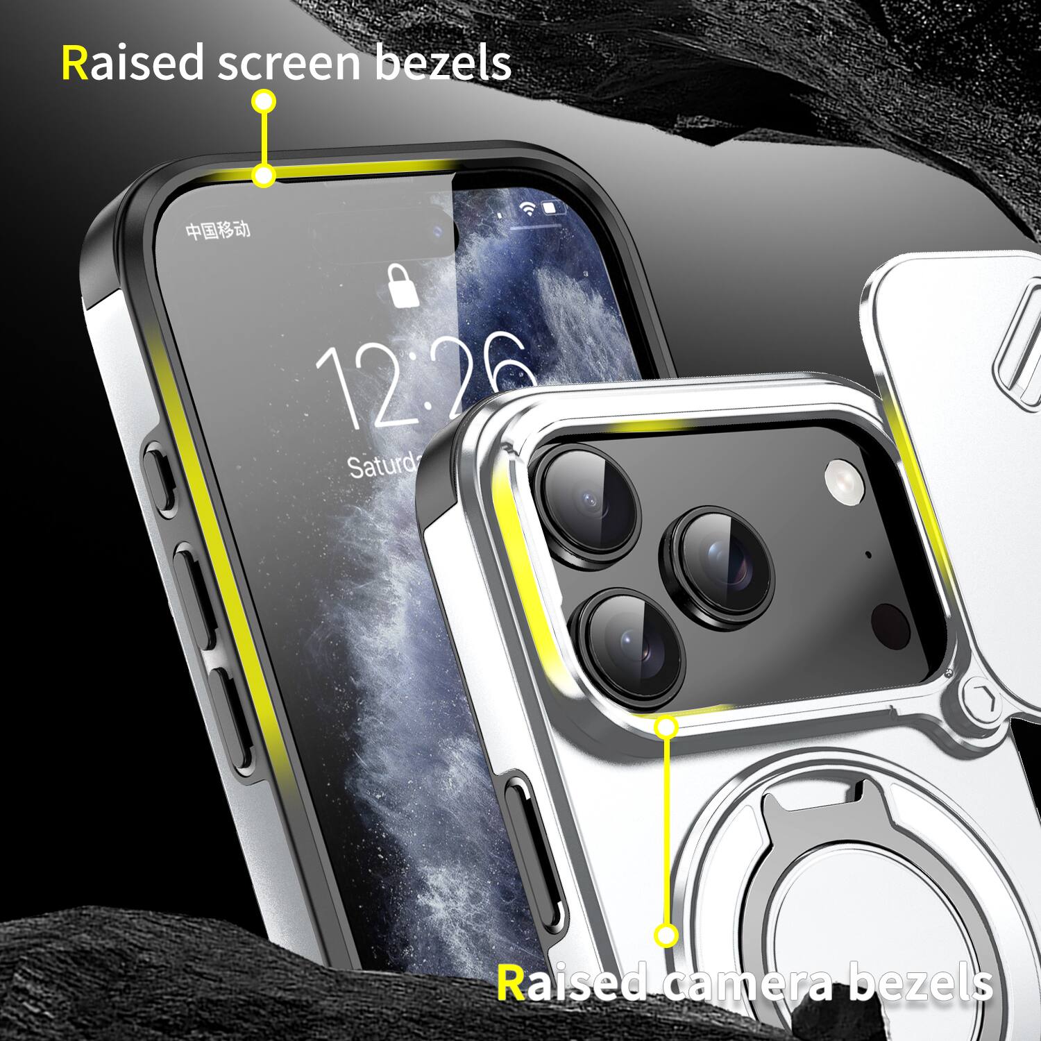 Raised screen bezels  
12:26  
Saturday  
Raised camera bezels