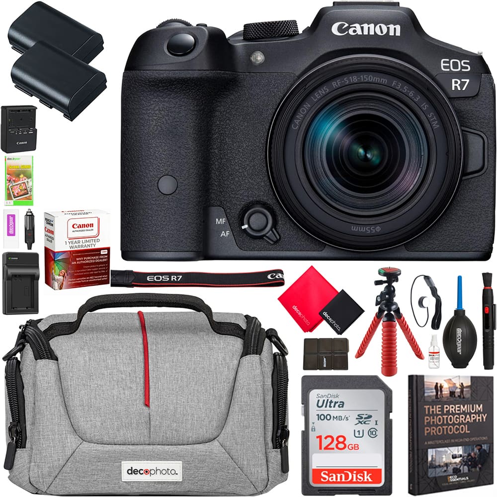 Canon
Cases dectpur Screen GUAND
EOS RF-S18-150mm R7 LENS F3.5-6.3 IS CANON STM
decogoar
************  Cheete Canon Canon AUTHORZED I YEAR LIMITED WARRANTY PURCHASE FROM NYP DEALER  AUTHORIZED
MF AF
55mm
EOS R7
Ca decephoto decephoto.
deconvar
SanDisk Ultra 100 MB/s' SO XC I A U c 128GB
THE PREMIUM PHOTOGRAPHY PROTOCOL
decophoto.
SanDisk
150 SSENTIALS