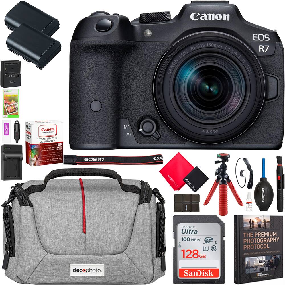 Canon
Cases dectpur Screen GUAND
EOS RF-S18-150mm R7 LENS F3.5-6.3 IS CANON STM
decogoar
************  Cheete Canon Canon AUTHORZED I YEAR LIMITED WARRANTY PURCHASE FROM NYP DEALER  AUTHORIZED
MF AF
55mm
EOS R7
Ca decephoto decephoto.
deconvar
SanDisk Ultra 100 MB/s' SO XC I A U c 128GB
THE PREMIUM PHOTOGRAPHY PROTOCOL
decophoto.
SanDisk
150 SSENTIALS