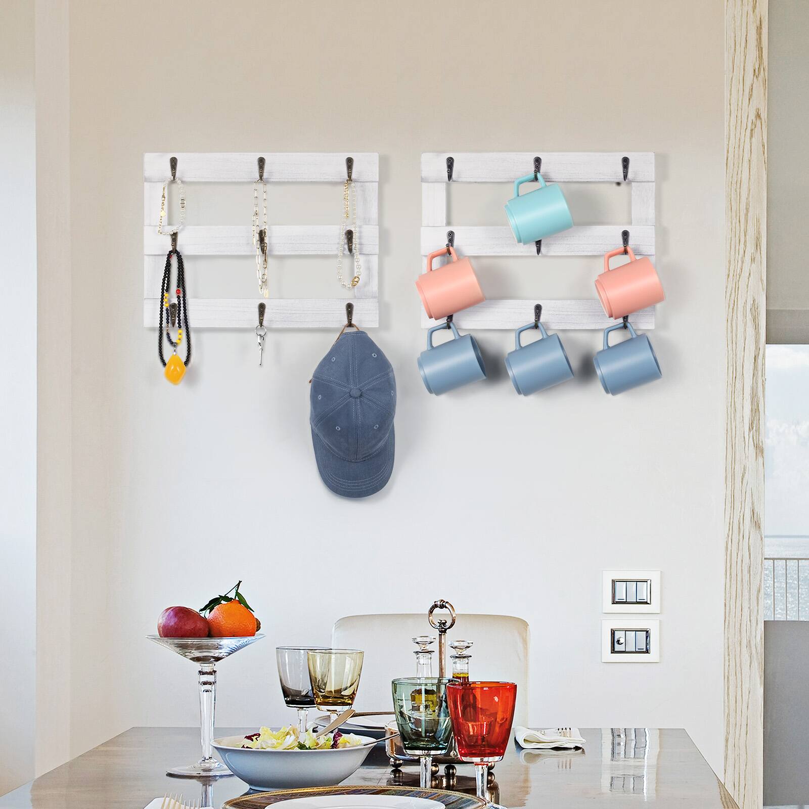 Back. Oumilen - White Wood Wall Mounted Mug Rack – 2 Pack Coffee Cup Holder with Metal Hooks for Kitchen Wall Storage - White.