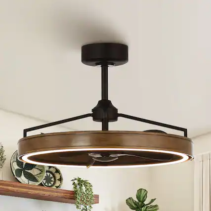 Front. Parrot Uncle - 27" Modern Farmhouse LED Fandelier Bladeless Ceiling Fan with LED Ring Light and Remote Control - Brown.