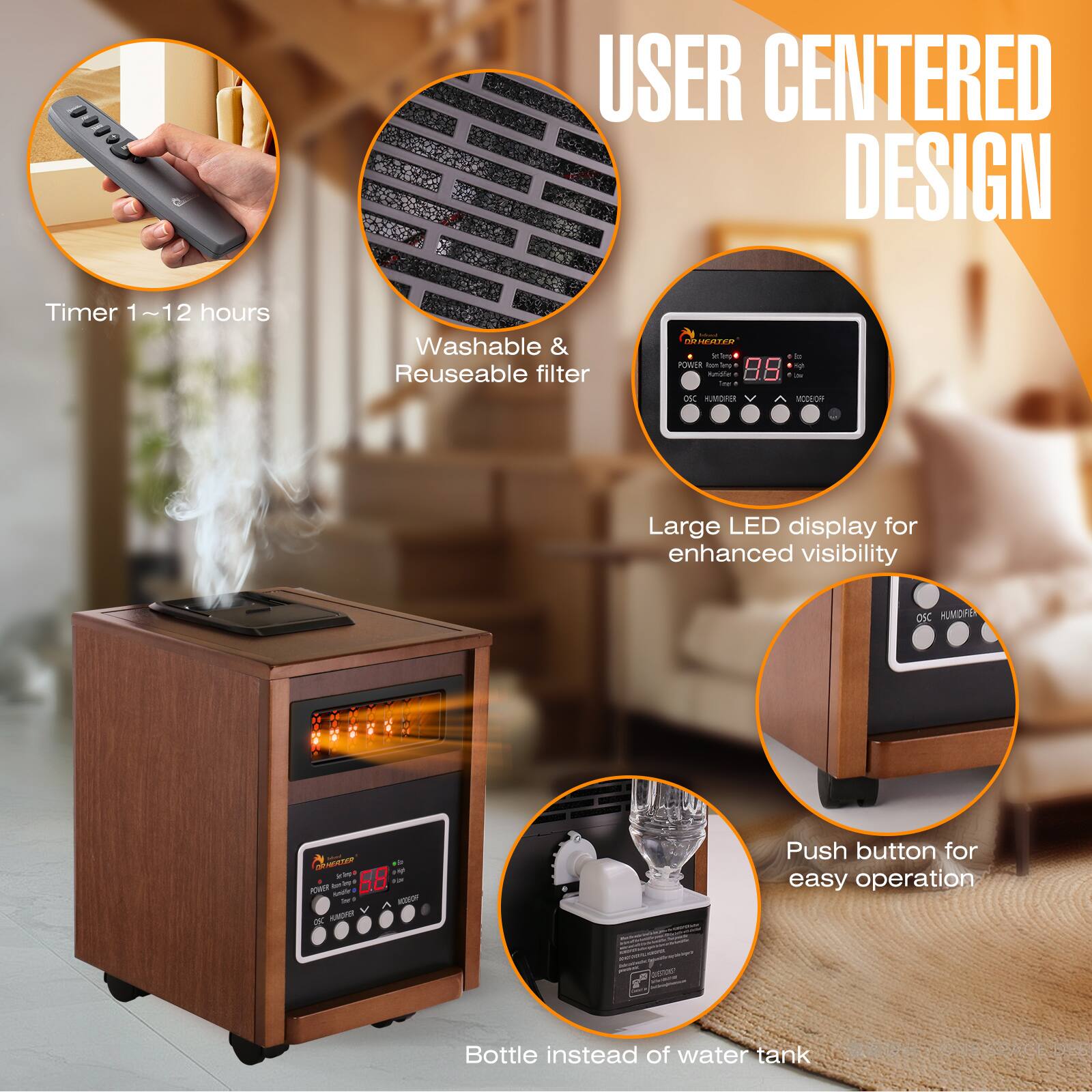 USER CENTERED DESIGN

- Timer 1~12 hours
- Washable & Reusable filter
- Large LED display for enhanced visibility
- Push button for easy operation
- Bottle instead of water tank