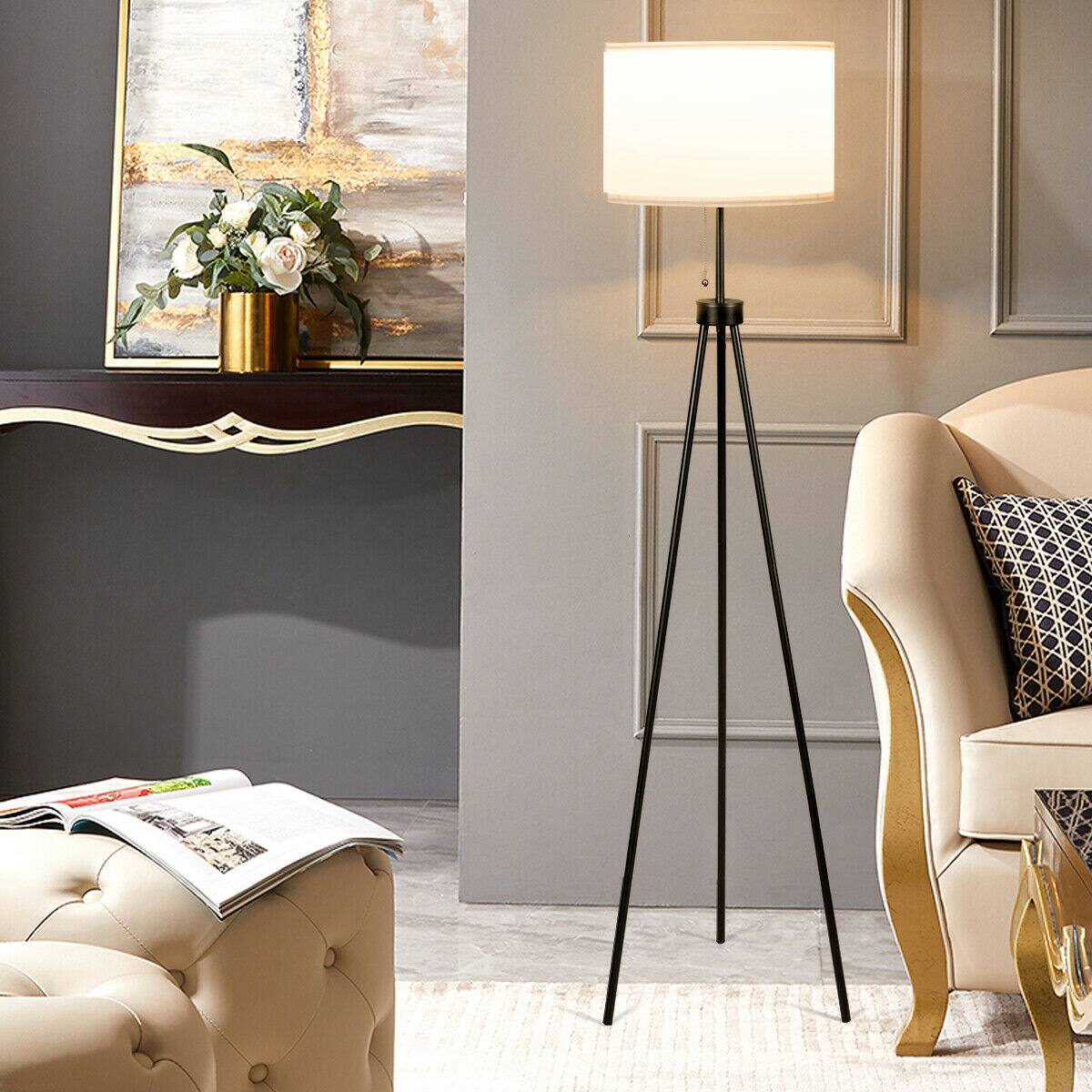 Alt View 1. Costway - Costway Modern Metal Tripod Floor Lamp White Fabric Shade w/ Chain Switch Home & Office - White,Black.