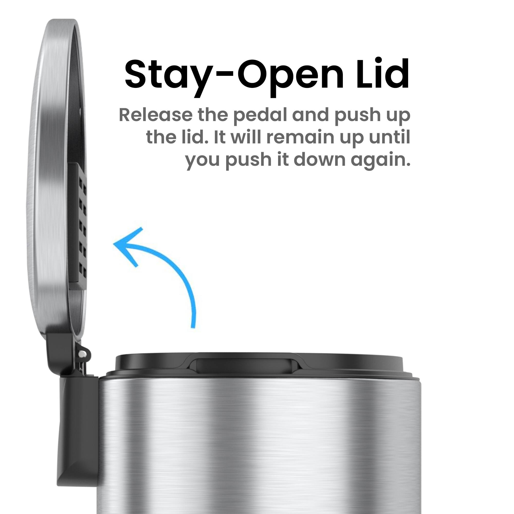 Stay-Open Lid

Release the pedal and push up the lid. It will remain up until you push it down again.