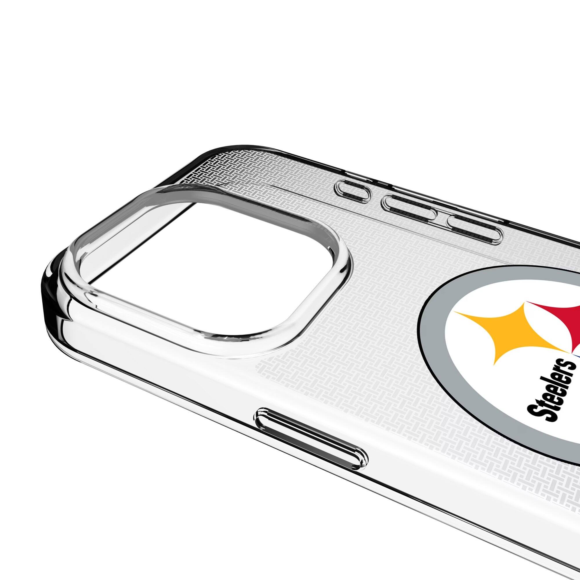 Alt View 2. Keyscaper - Pittsburgh Steelers Linen Logo iPhone Clear Case - 13 mini - Multicolor.