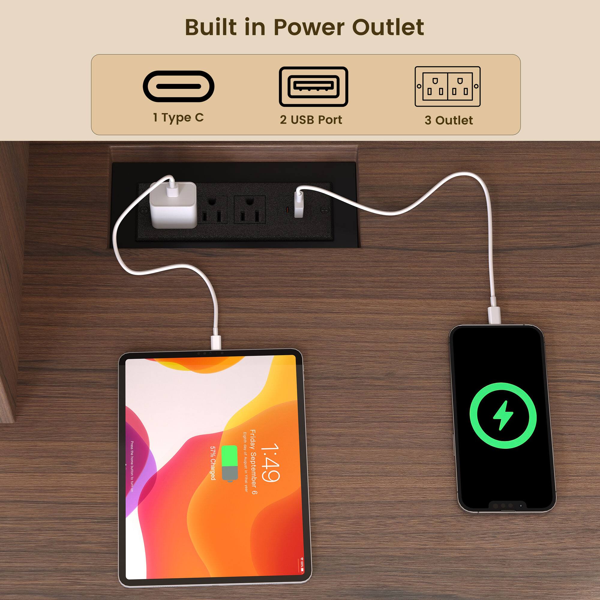 Built in Power Outlet  
1 Type C  
2 USB Port  
3 Outlet  

Friday 1:49  
September 9  
57% Charged