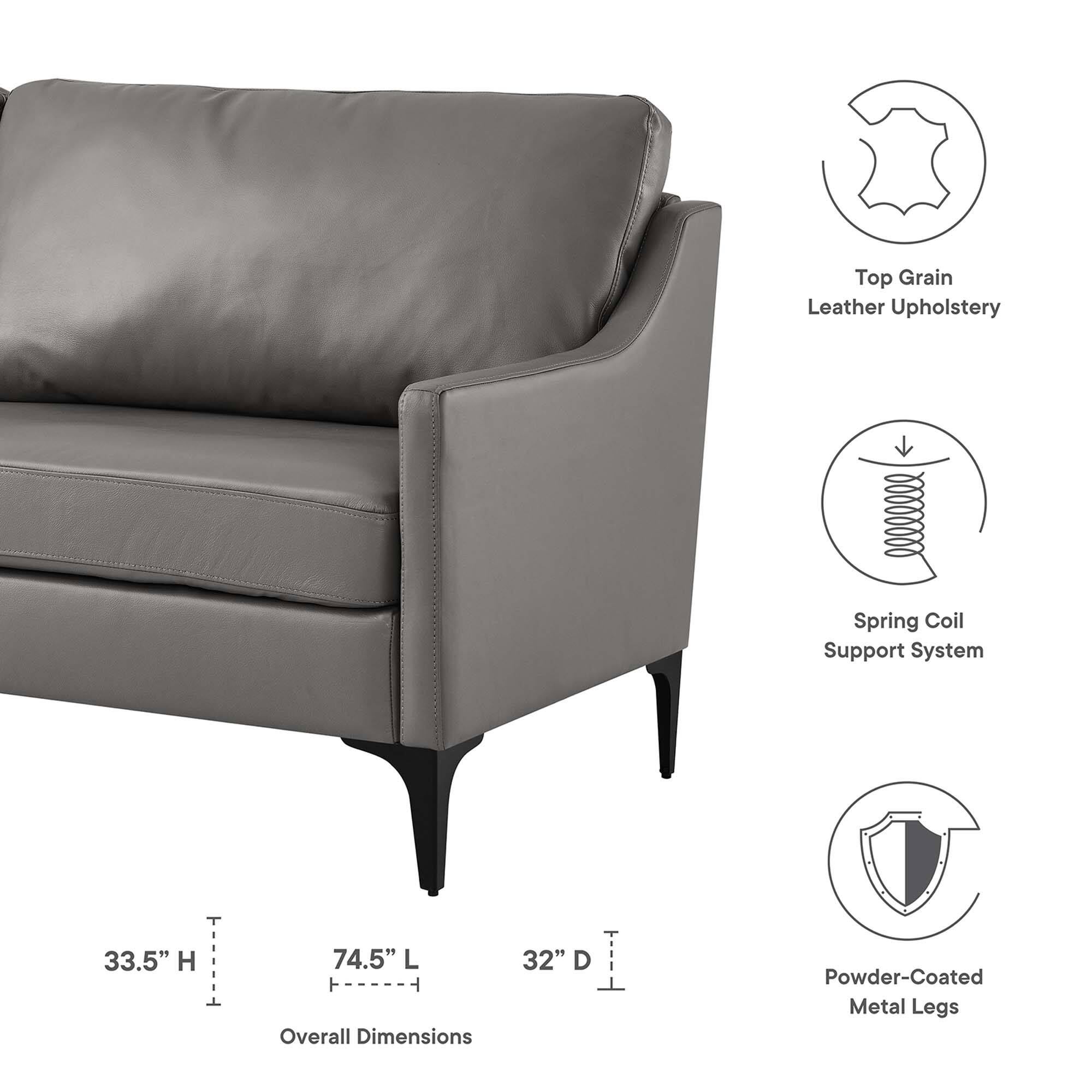 Top Grain Leather Upholstery  
Spring Coil Support System  
Overall Dimensions: 33.5" H x 74.5" L x 32" D  
Powder-Coated Metal Legs