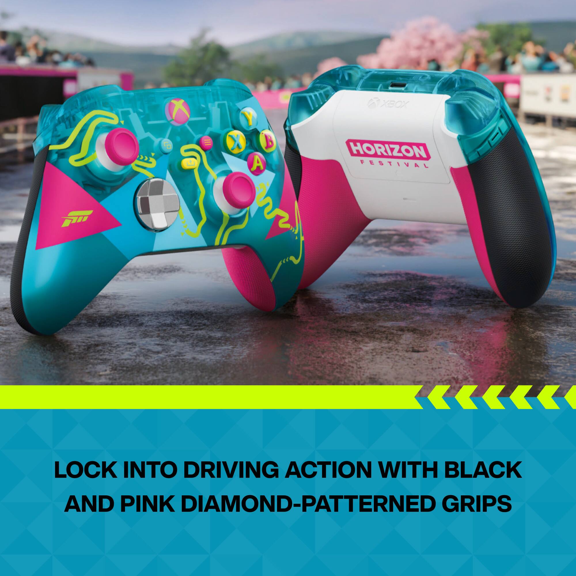 E Y X B A XBOX HORIZON FESTIVAL  
LOCK INTO DRIVING ACTION WITH BLACK AND PINK DIAMOND-PATTERNED GRIPS