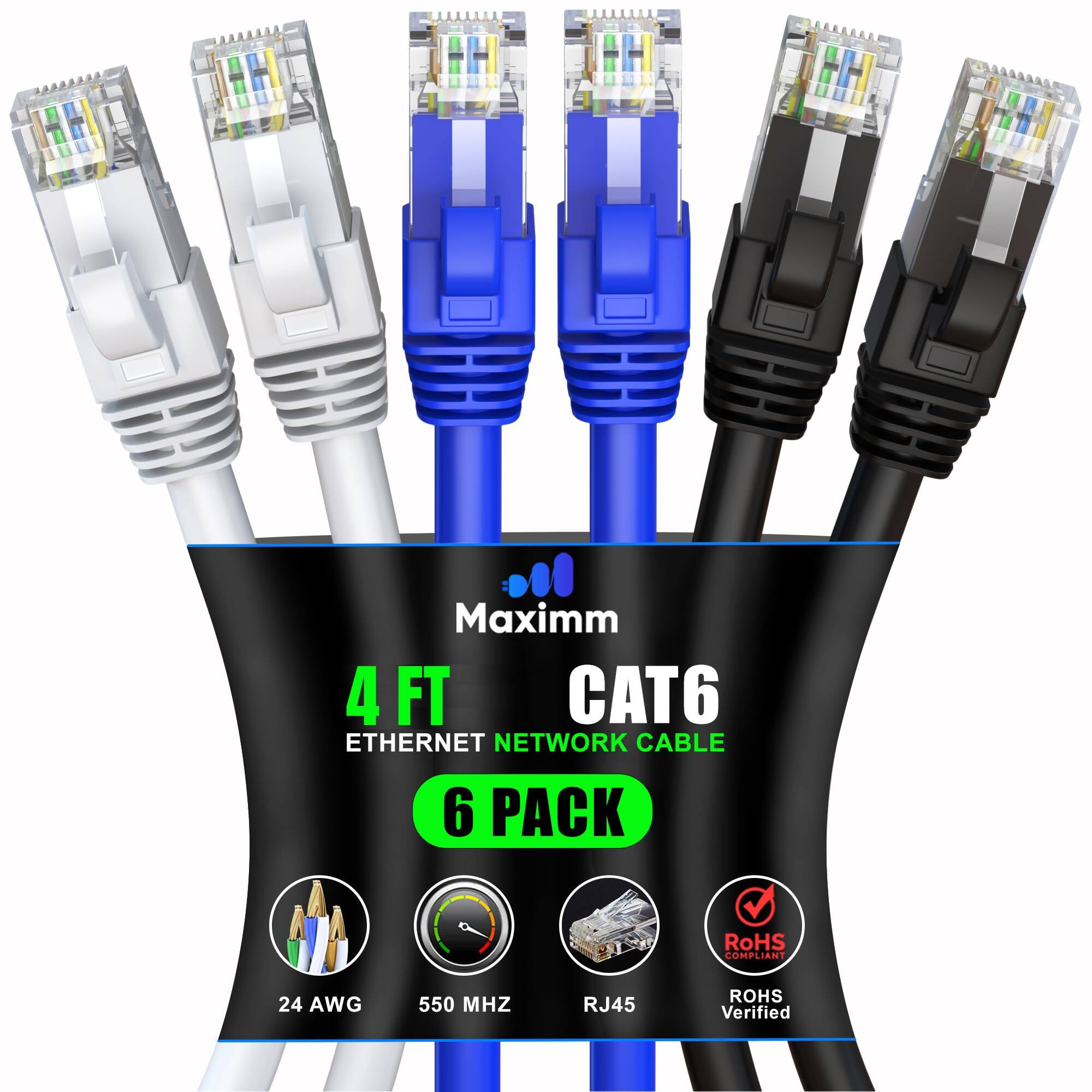 Maxim 4 FT CAT6 Ethernet Network Cable 6 Pack RoHS Compliant 24 AWG 550 MHz RJ45 RoHS Verified