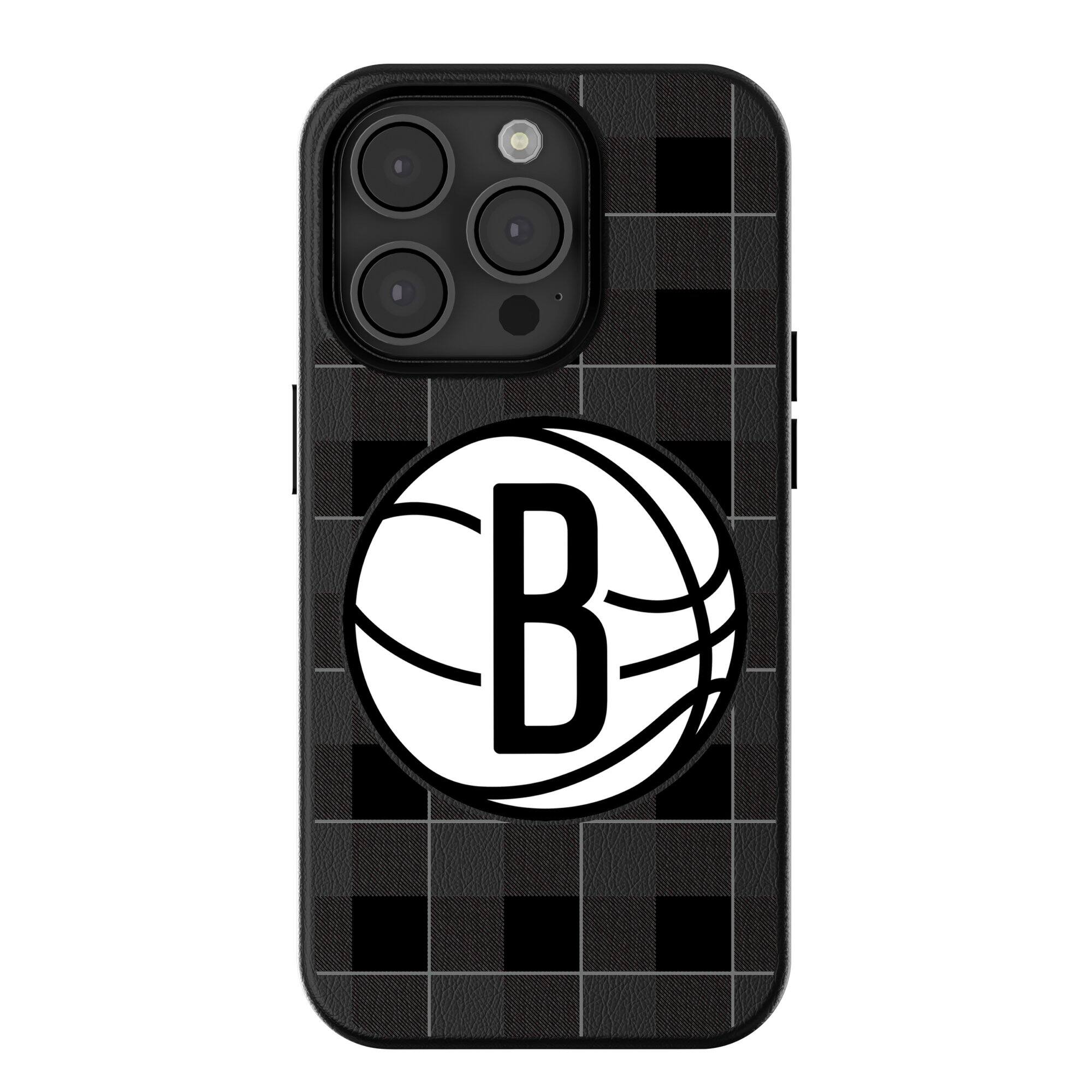 Front. Keyscaper - Brooklyn Nets Plaid Magnetic Bump iPhone Case - 16 Pro Max - Black.