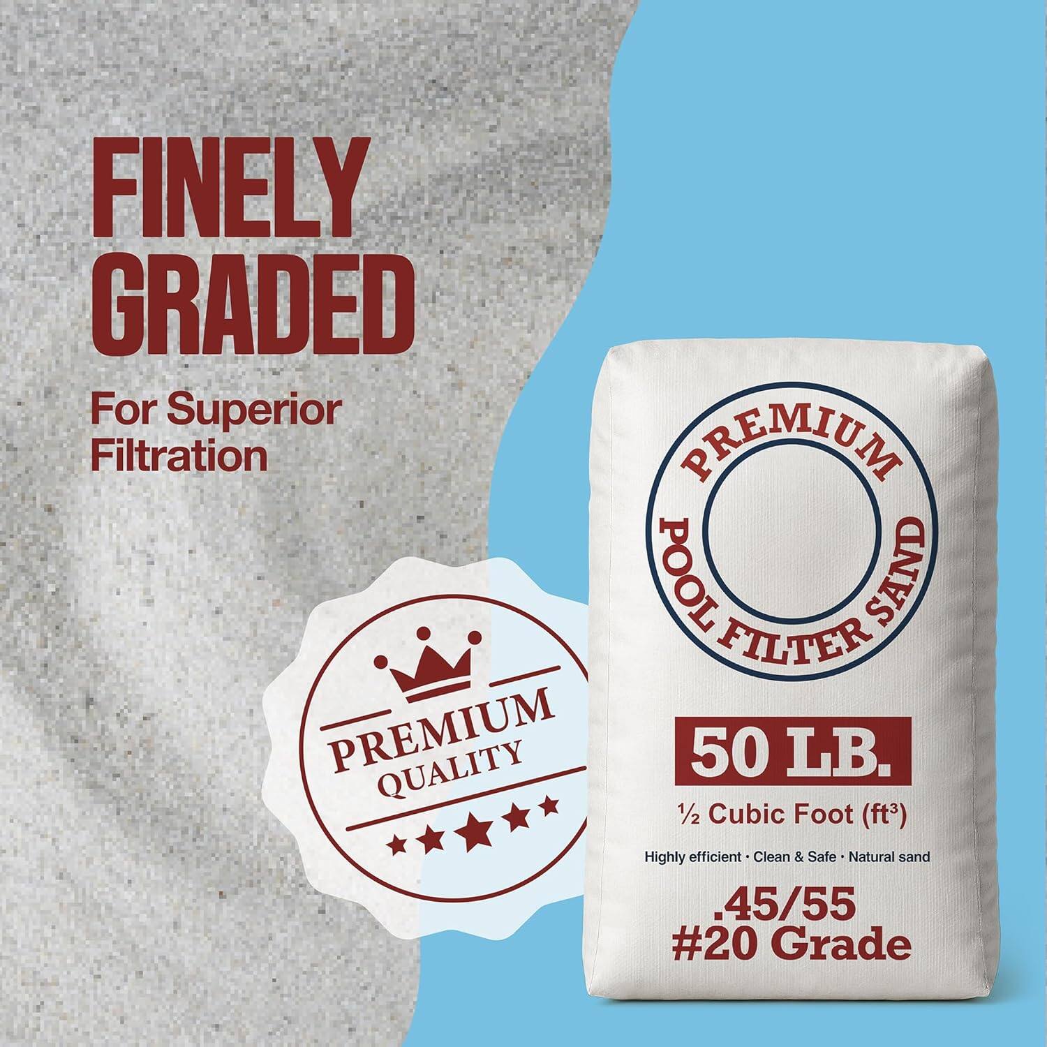 FINELY GRADED  
For Superior Filtration  

PREMIUM POOL FILTER SAND  
50 LB.  
1/2 Cubic Foot (ft³)  
Highly efficient • Clean & Safe • Natural sand  
.45/55 #20 Grade  

PREMIUM QUALITY