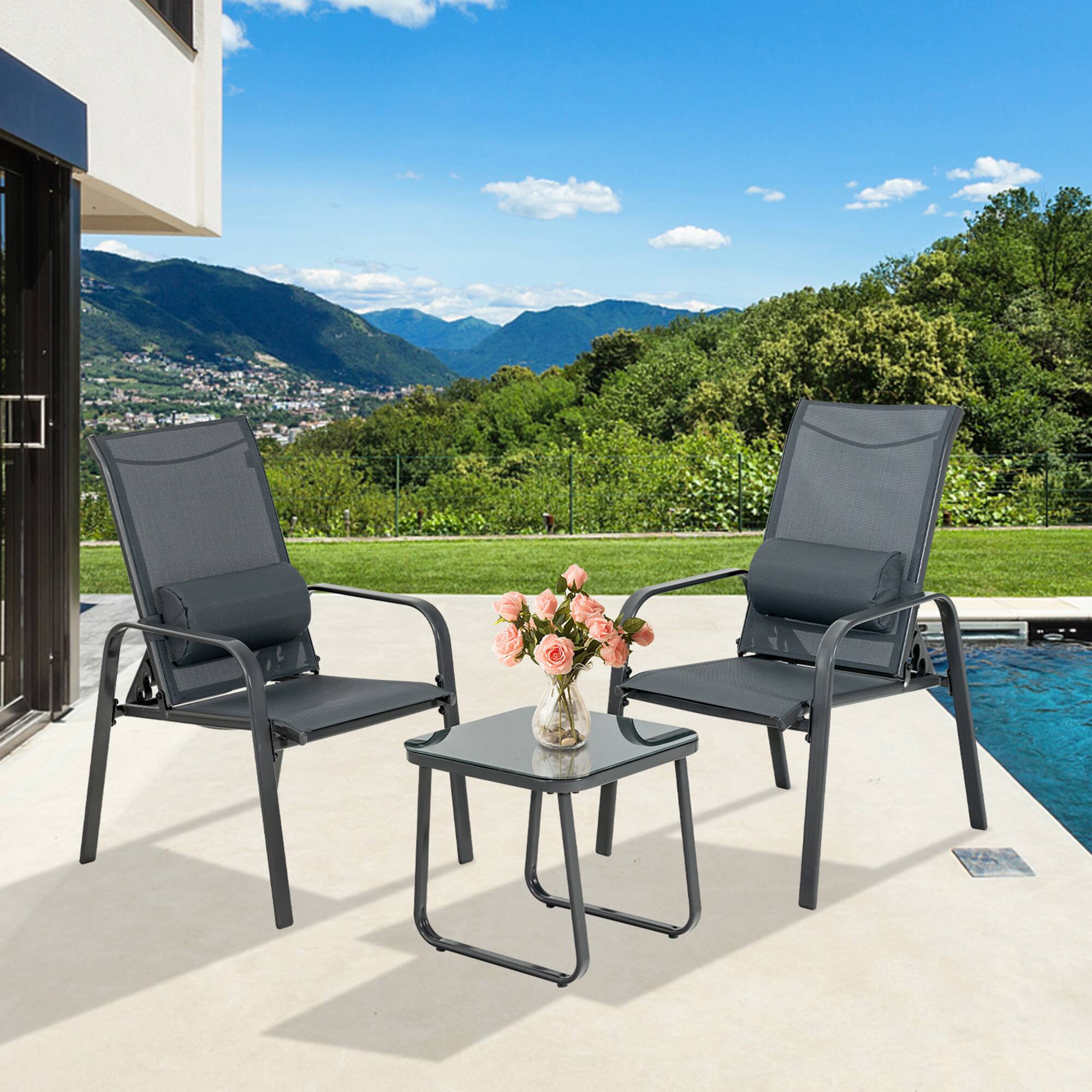 Alt View 9. Gymax - Gymax 3PCS Outdoor Bistro Set Patio Conversation Set w/ Adjustable Backrest Grey - Grey.