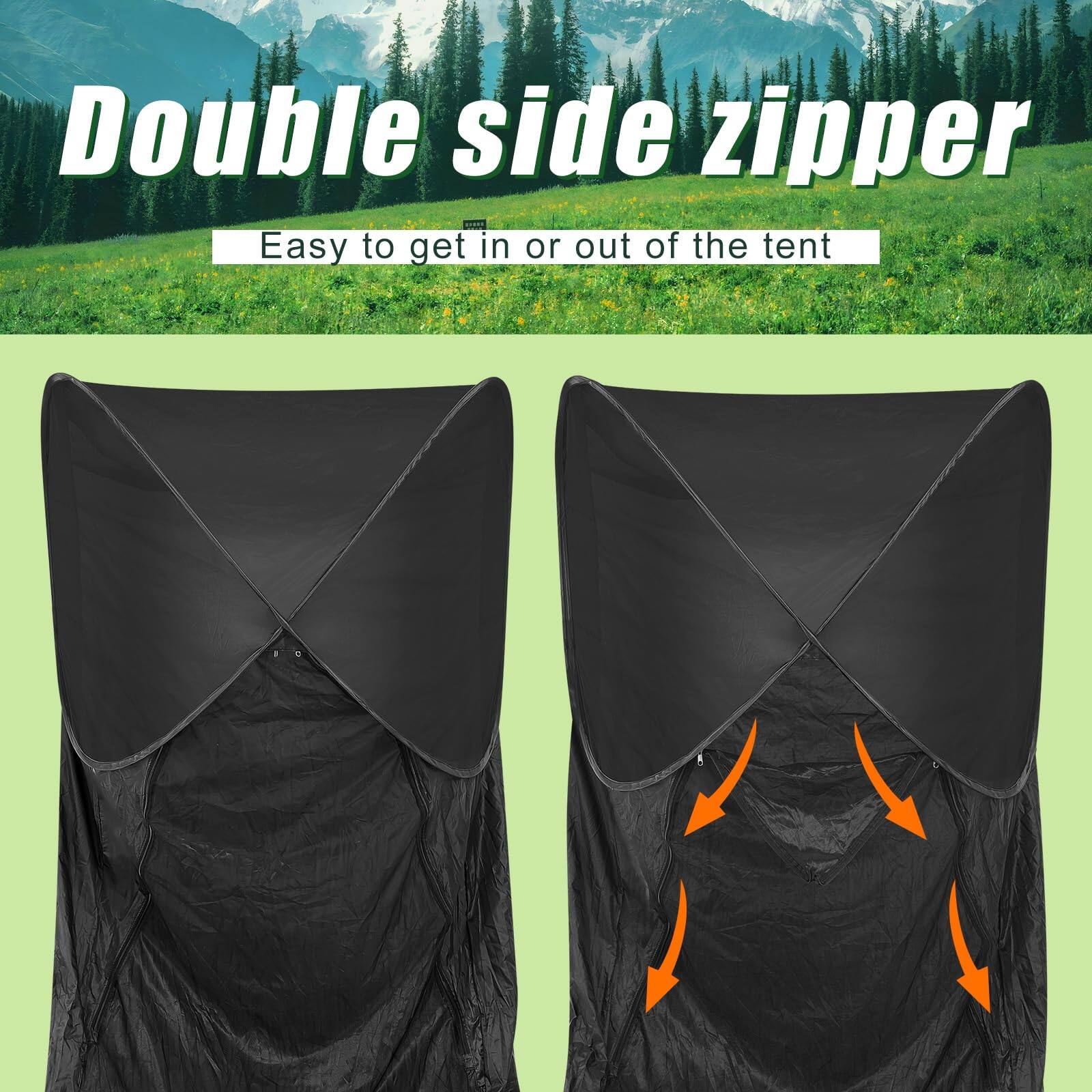 Double side zipper  
Easy to get in or out of the tent