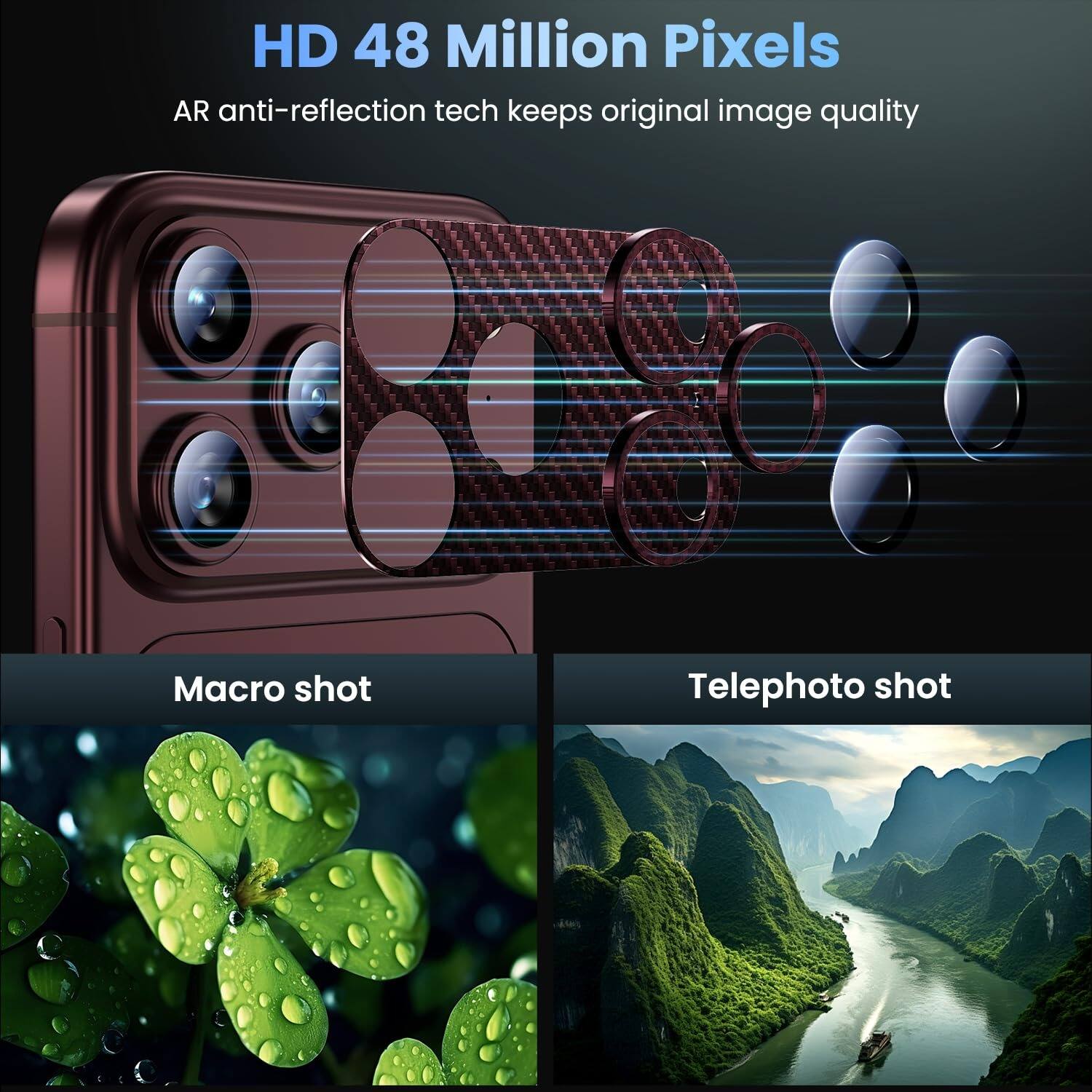 HD 48 Million Pixels  
AR anti-reflection tech keeps original image quality  

Macro shot  

Telephoto shot