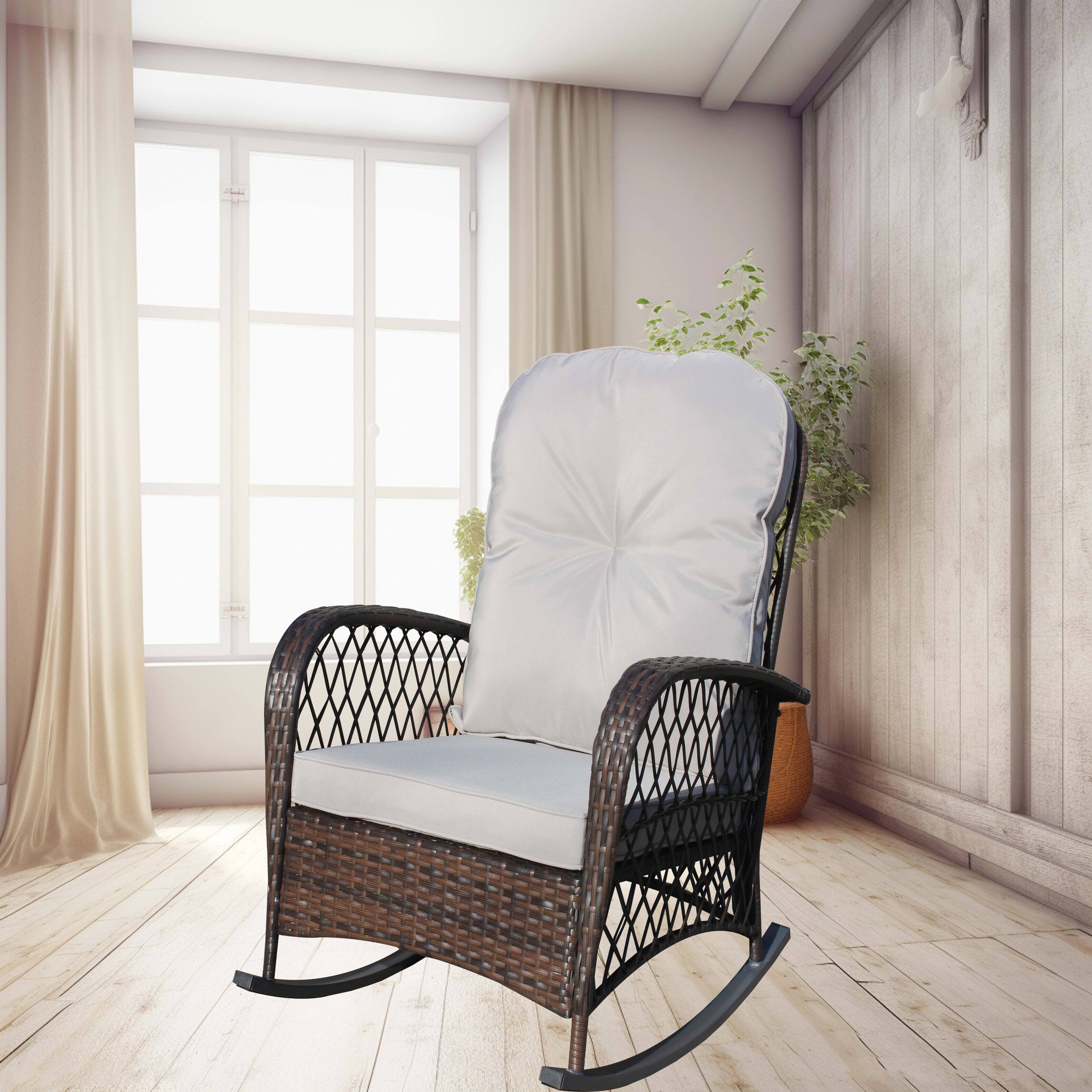Angle. Tiramisubest - Outdoor Wicker Rocking Chair with Wide Seat,Steel Frame & Thick Cushion for Patio,Garden,Backyard,Grey Cushion - Brown+Gray.