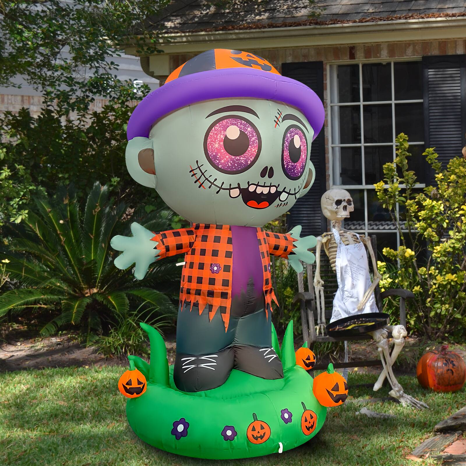Back. GOOSH Inflatables - GOOSH 5.2FT Inflatable Zombie with Pumpkin Hat – Light-Up Halloween Yard Decoration - Green.