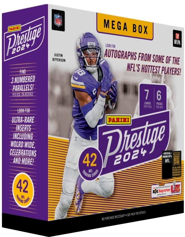 NF Mega Box 2024 Justin Autographs Look for from some of the NFL's hottest players! 18 3 Numbered Parallels! 2 Autographs 7 Memorabilia Cards Per Pack Per Box Look for Ultra-Rare Panini Inserts including Celebrations, World, and More! Wide, 42 Prestipe 2024 Panini Official NFL Trading Cards. Pack for details. No purchase necessary. See Official Rules.