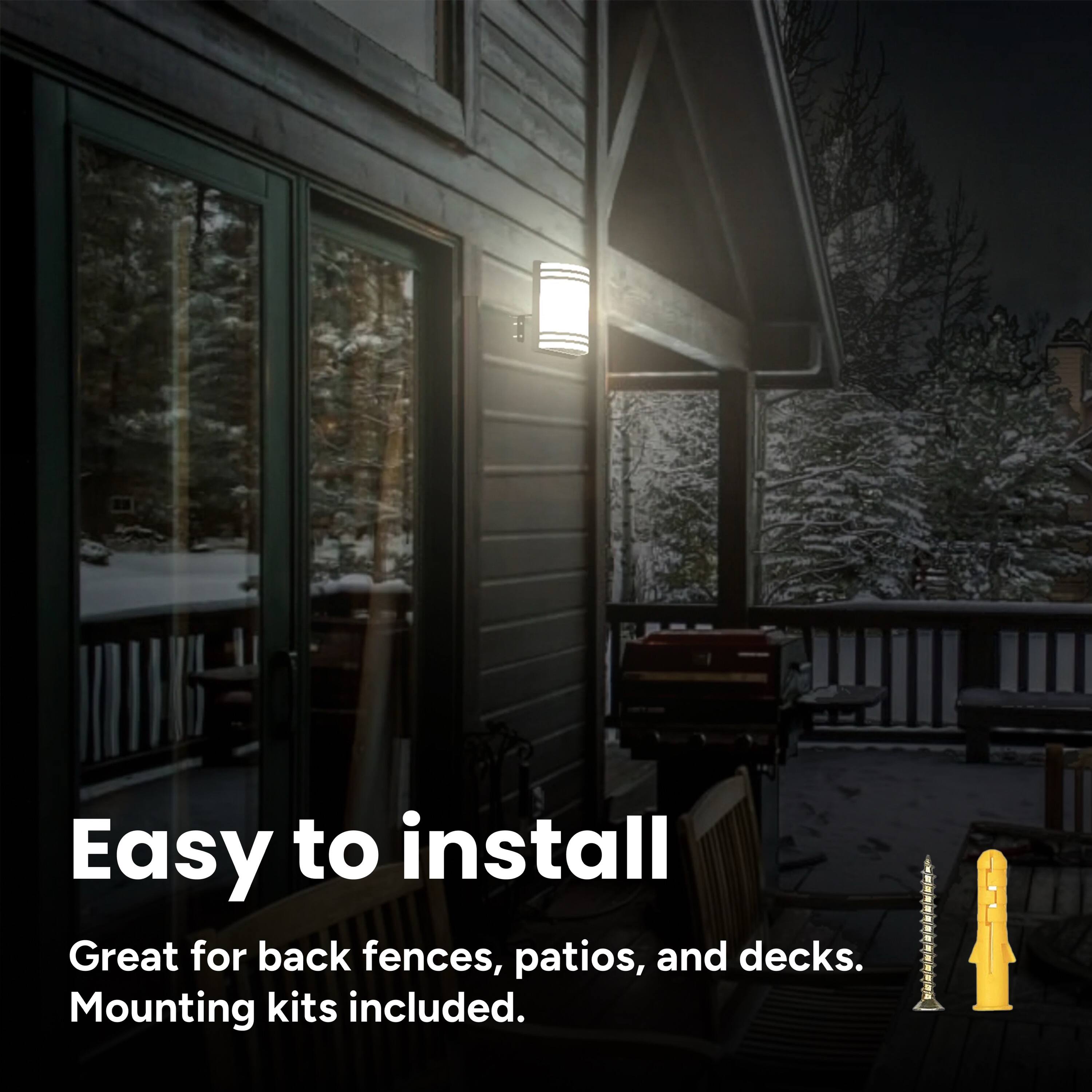 Easy to install. Great for back fences, patios, and decks. Mounting kits included.