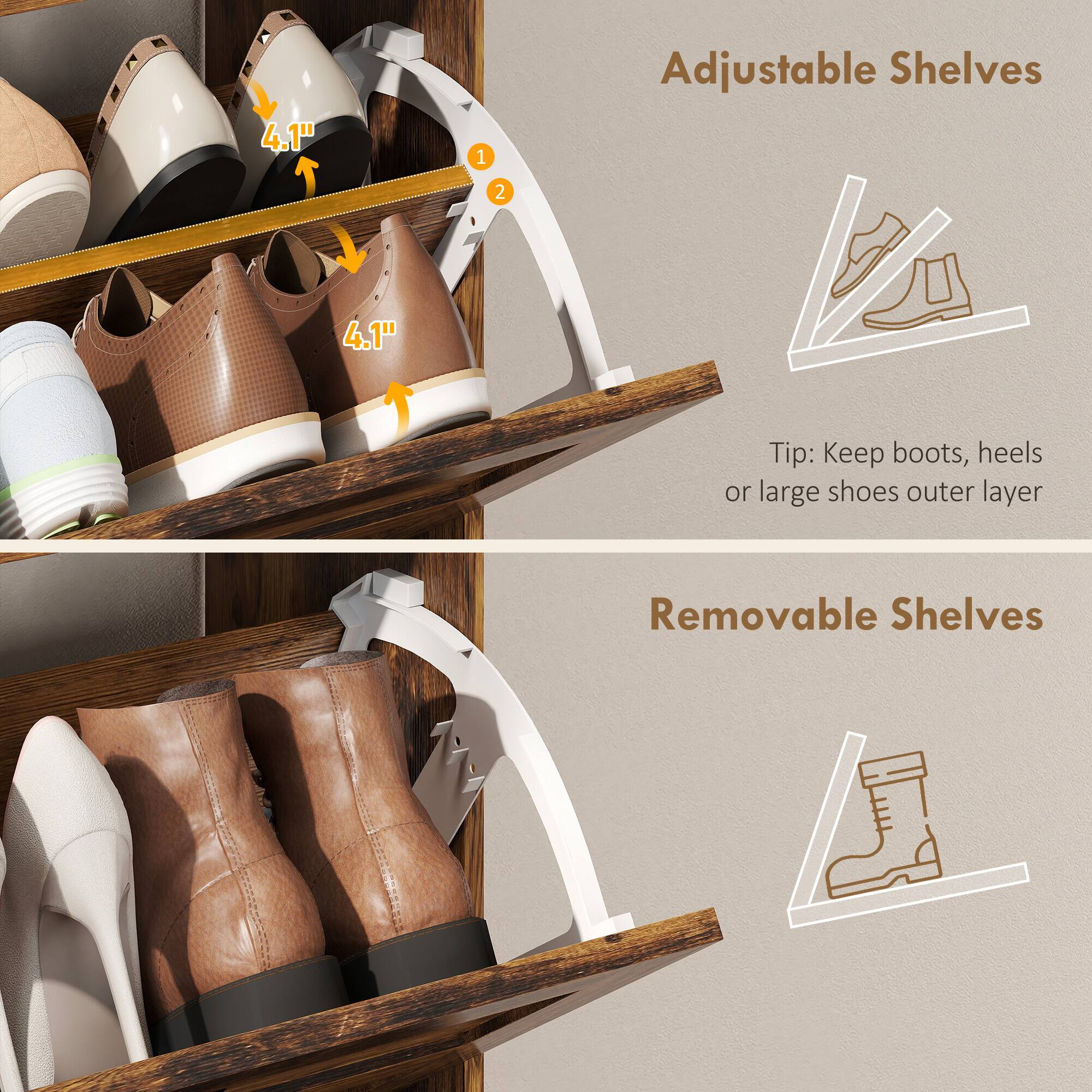 Adjustable Shelves

4.1" Adjustable Shelves

Tip: Keep boots, heels or large shoes outer layer

Removable Shelves