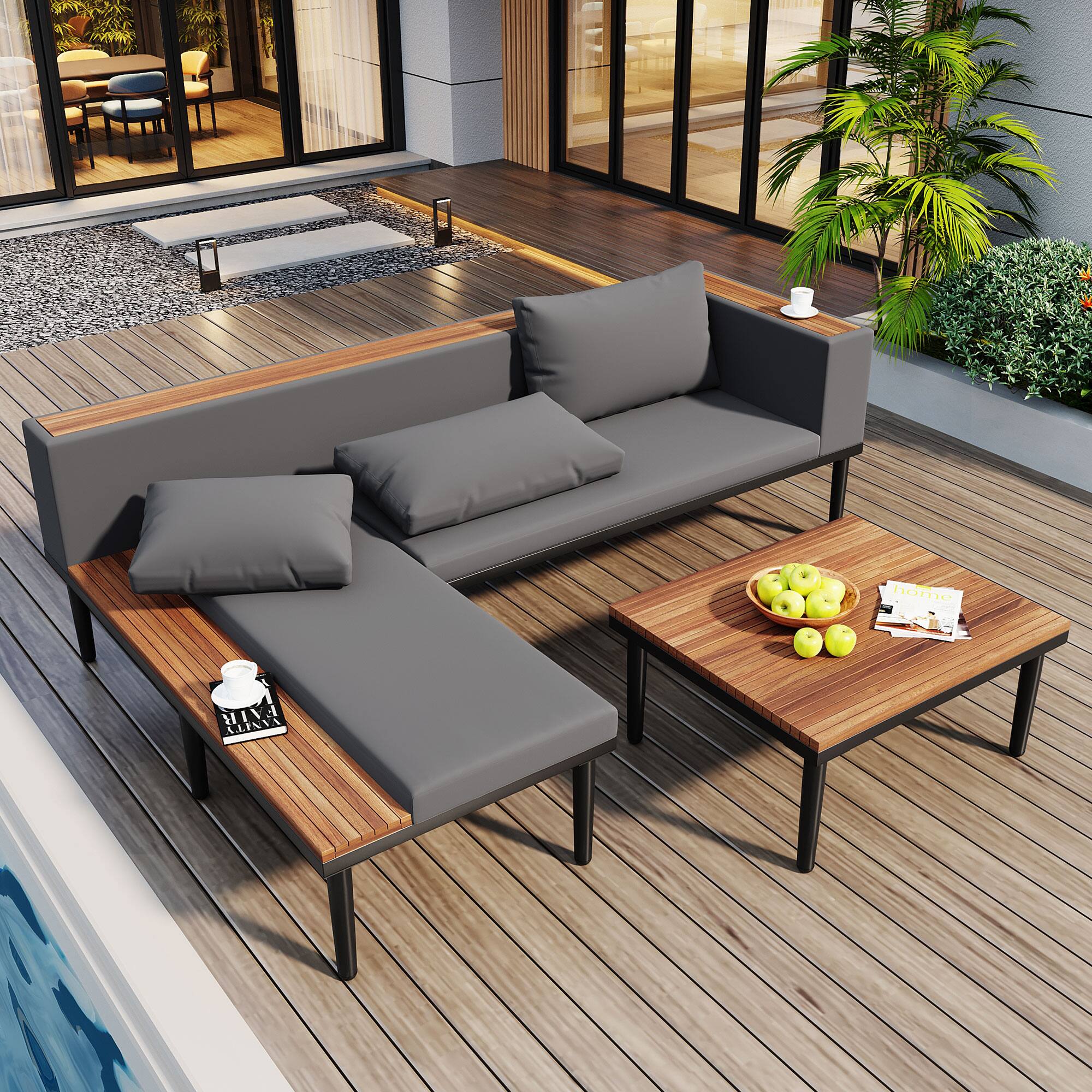 Left. Tiramisubest - Luxury L-Shaped Patio Set w/Removable Cushions&Coffee Table,Outdoor Conversation Sectional Sofa for Backyard,Porch,Gray - Gray.