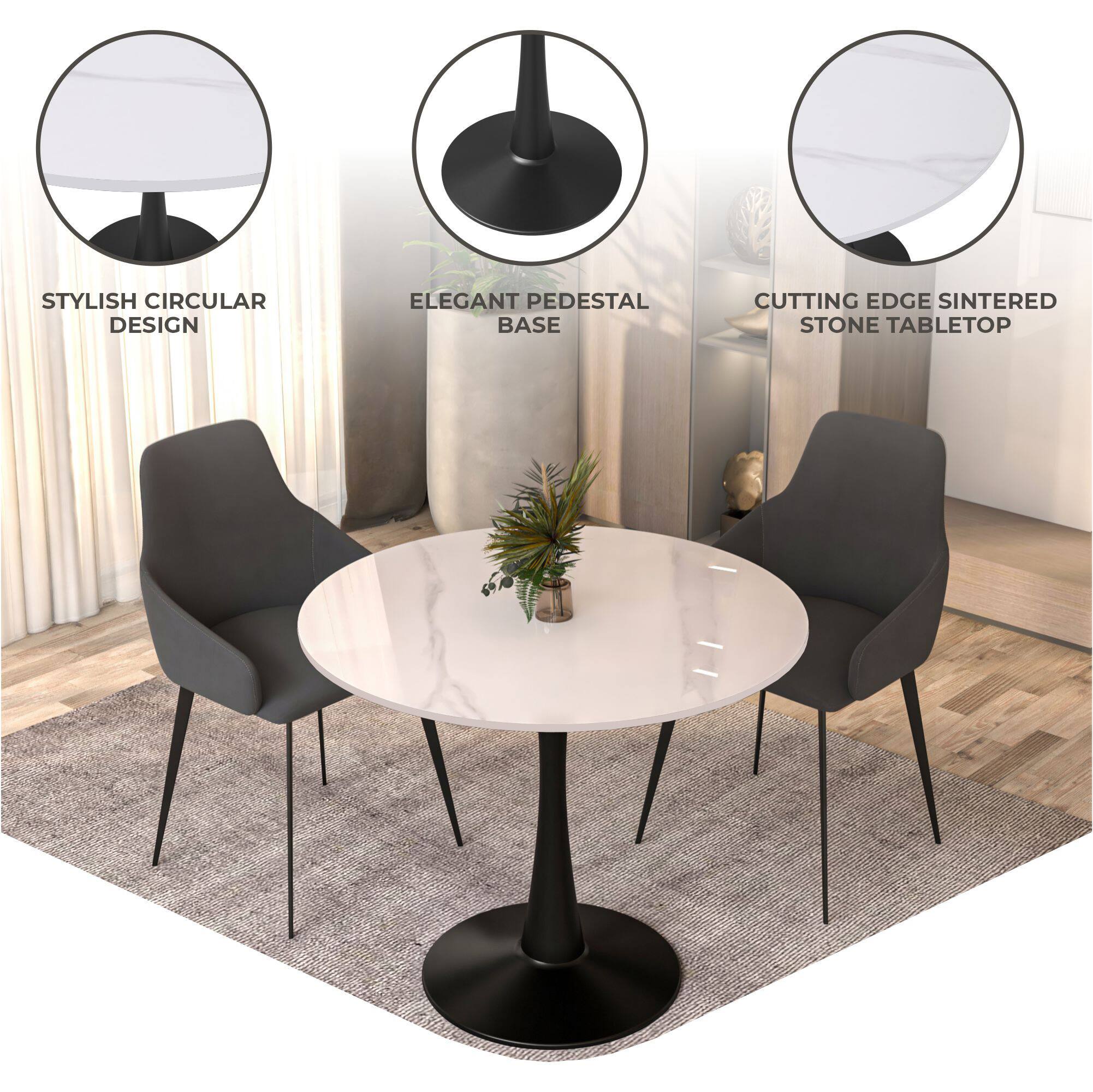 STYLISH CIRCULAR DESIGN  
ELEGANT PEDESTAL BASE  
CUTTING EDGE SINTERED STONE TABLETOP