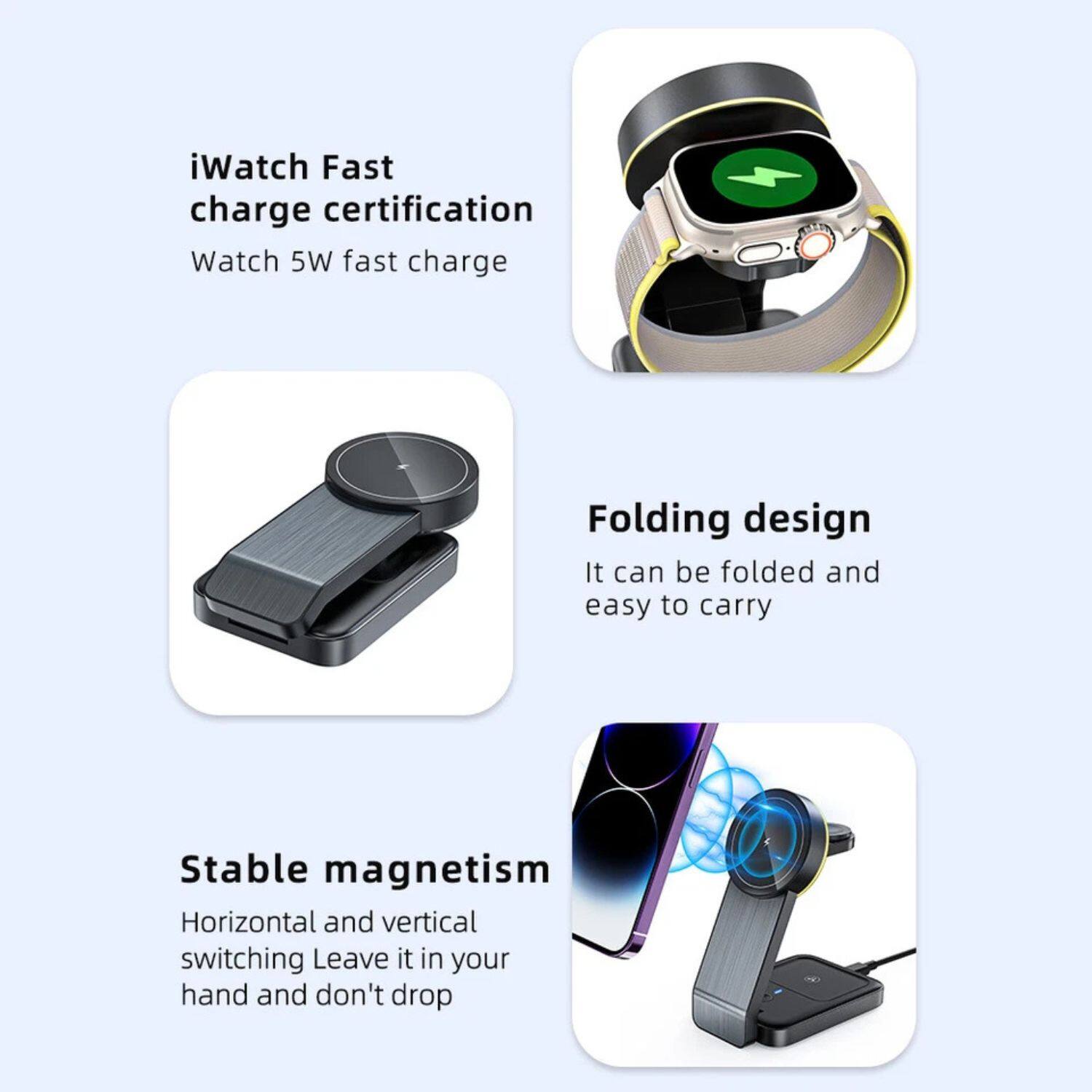 iWatch Fast charge certification  
Watch 5W fast charge  

Folding design  
It can be folded and easy to carry  

Stable magnetism  
Horizontal and vertical switching  
Leave it in your hand and don't drop