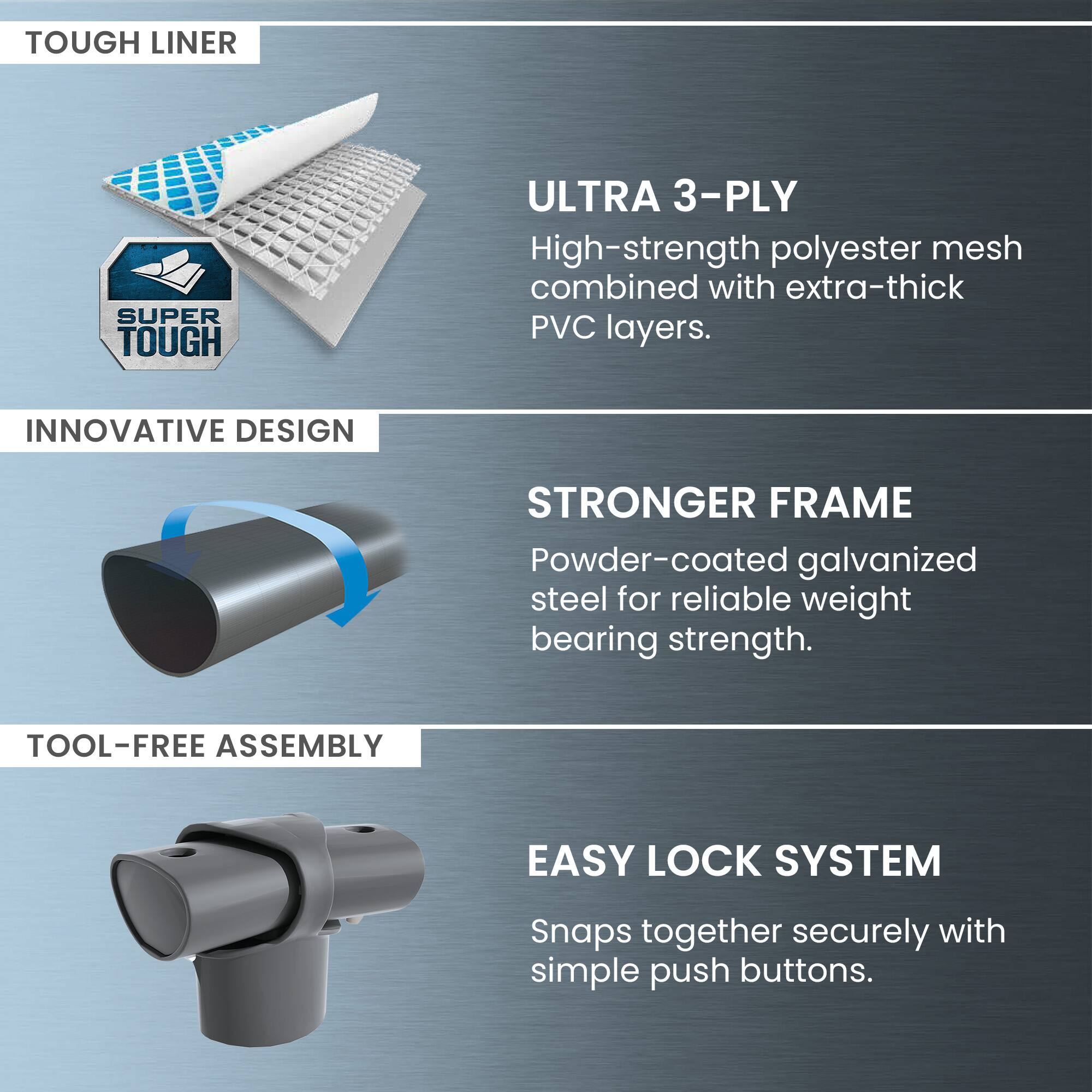 TOUGH LINER  
SUPER TOUGH  
ULTRA 3-PLY  
High-strength polyester mesh combined with extra-thick PVC layers.

INNOVATIVE DESIGN  
STRONGER FRAME  
Powder-coated galvanized steel for reliable weight bearing strength.

TOOL-FREE ASSEMBLY  
EASY LOCK SYSTEM  
Snaps together securely with simple push buttons.