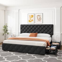 Jojoka - King Bed Frame with 4 Storage Drawers, Adjustable Headboard, Space-Saving & Sturdy - Black