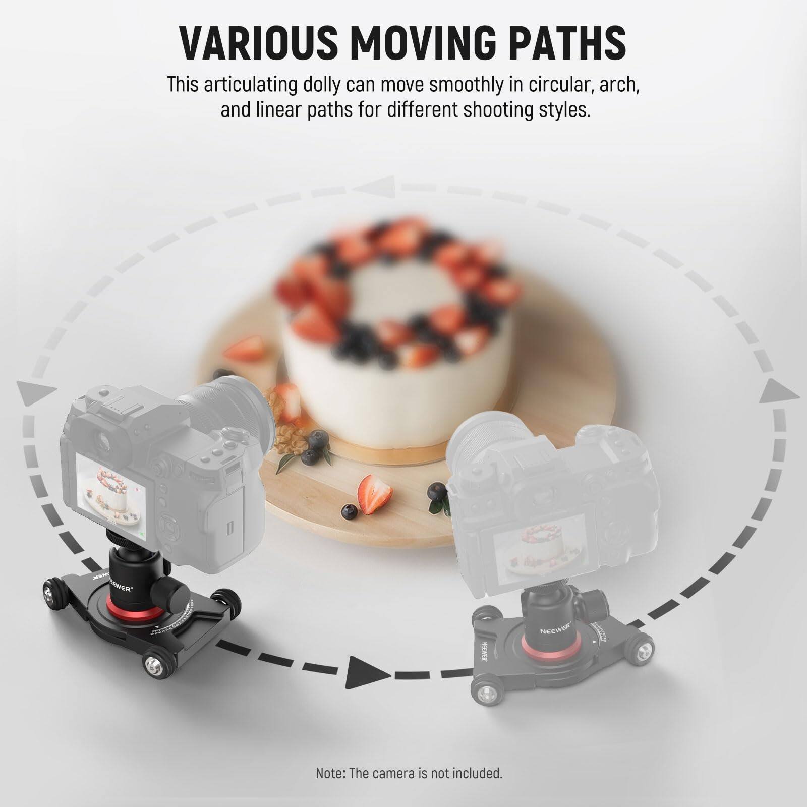 VARIOUS MOVING PATHS  
This articulating dolly can move smoothly in circular, arch, and linear paths for different shooting styles.  

Note: The camera is not included.