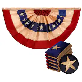 G128 - 5 Pack: USA Tea Stained Pleated Fan Flag 1.5x3FT Embroidered Polyester Stars and Stripes - Red, white, blue (tea stained)