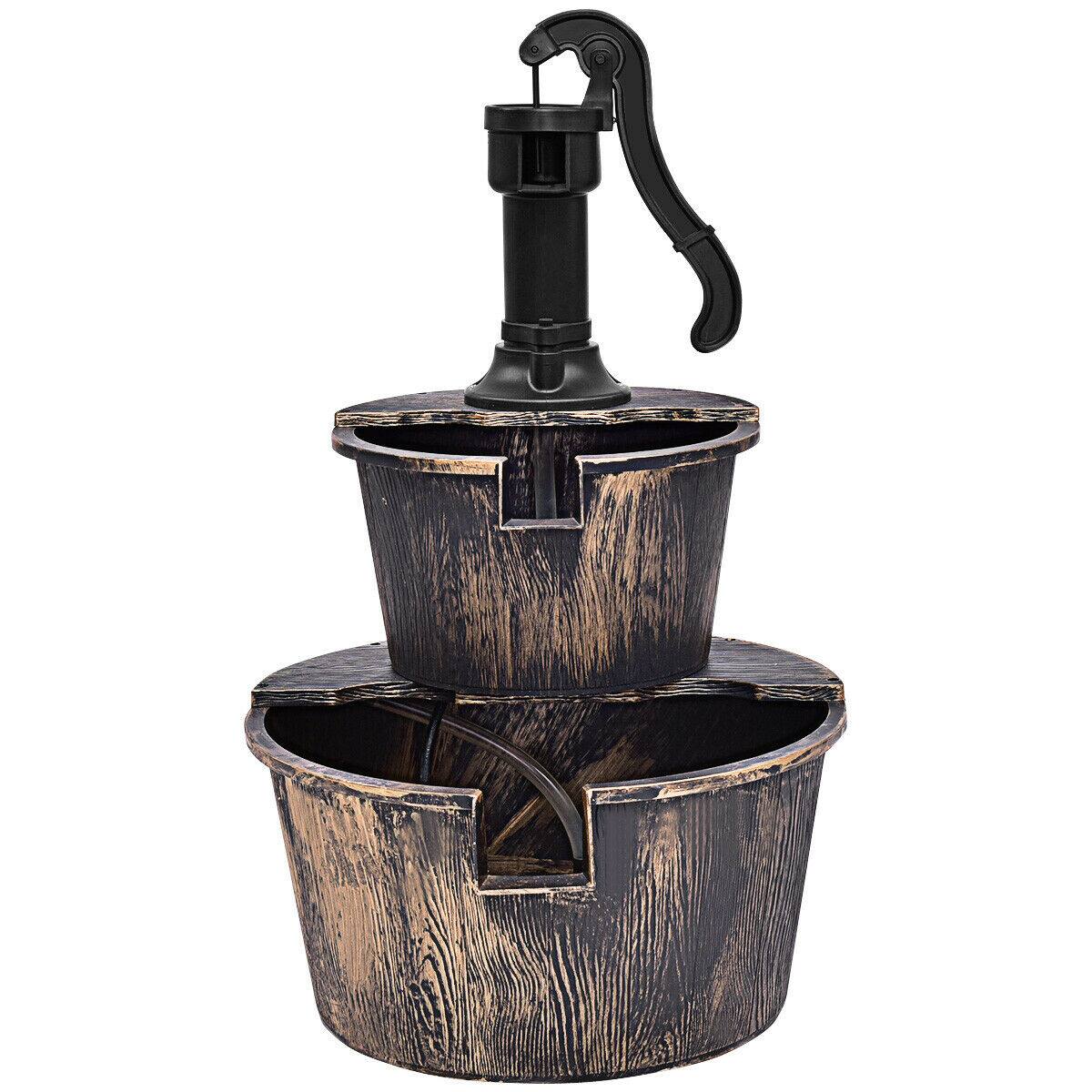 Alt View 3. Gymax - Gymax 2 Tier Barrel Waterfall Fountain Barrel Water Fountain Pump Outdoor Garden - Imitating Bronze Color.