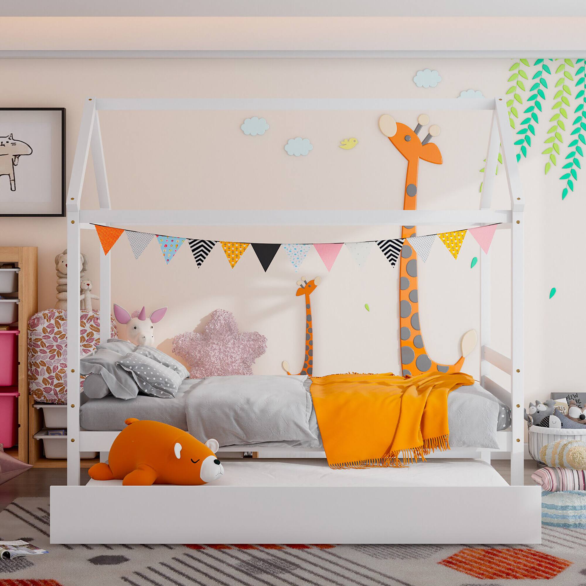 Alt View 7. Gymax - Gymax Twin House Bed Frame w/ Trundle Roof Wooden Platform Mattress Foundation White - White.