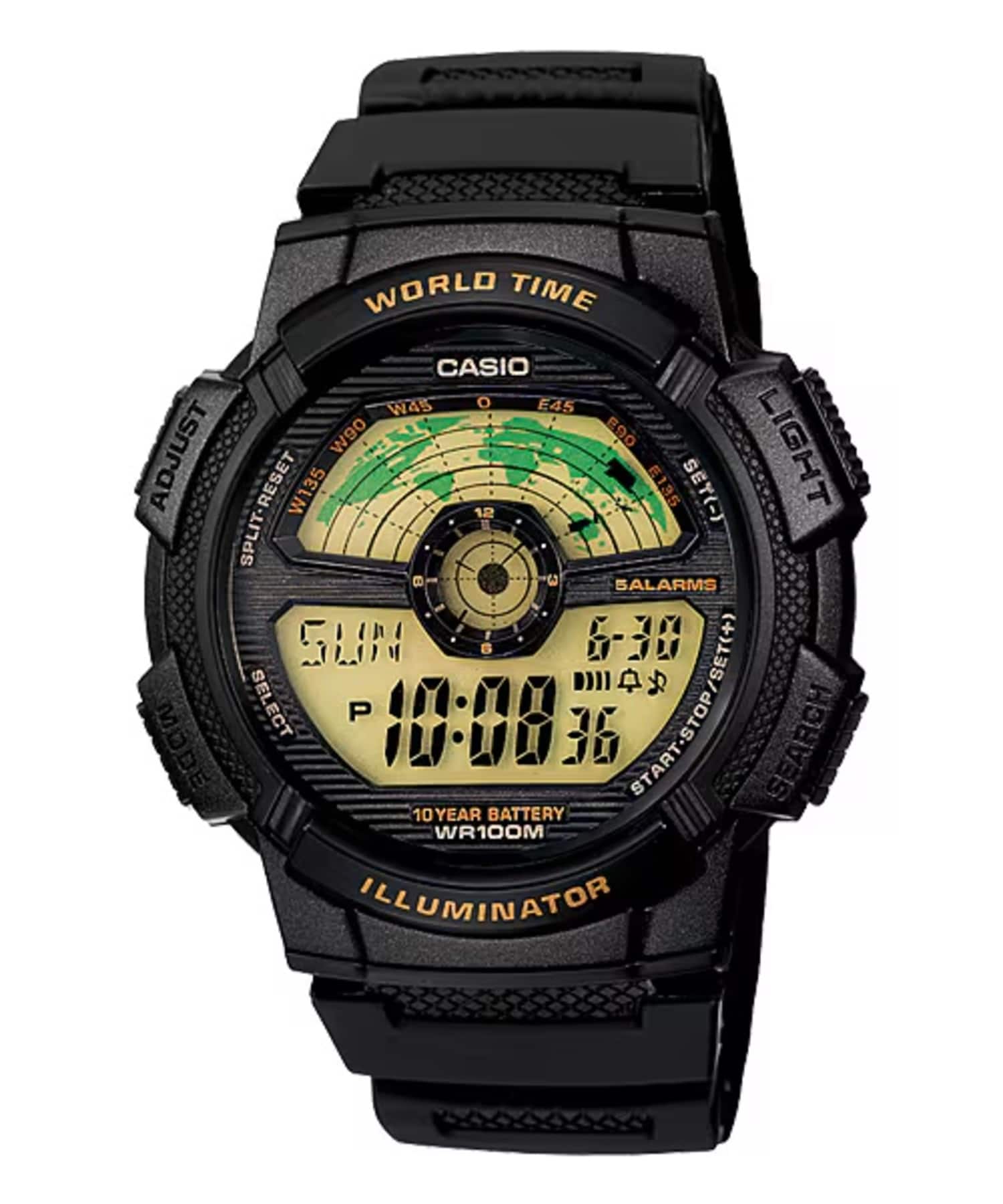 Casio - Men’s Digital World Time Watch with Gold-Tone Display - AE-1100W-1BV - Black