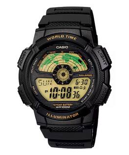Casio - Men’s Digital World Time Watch with Gold-Tone Display - AE-1100W-1BV - Black