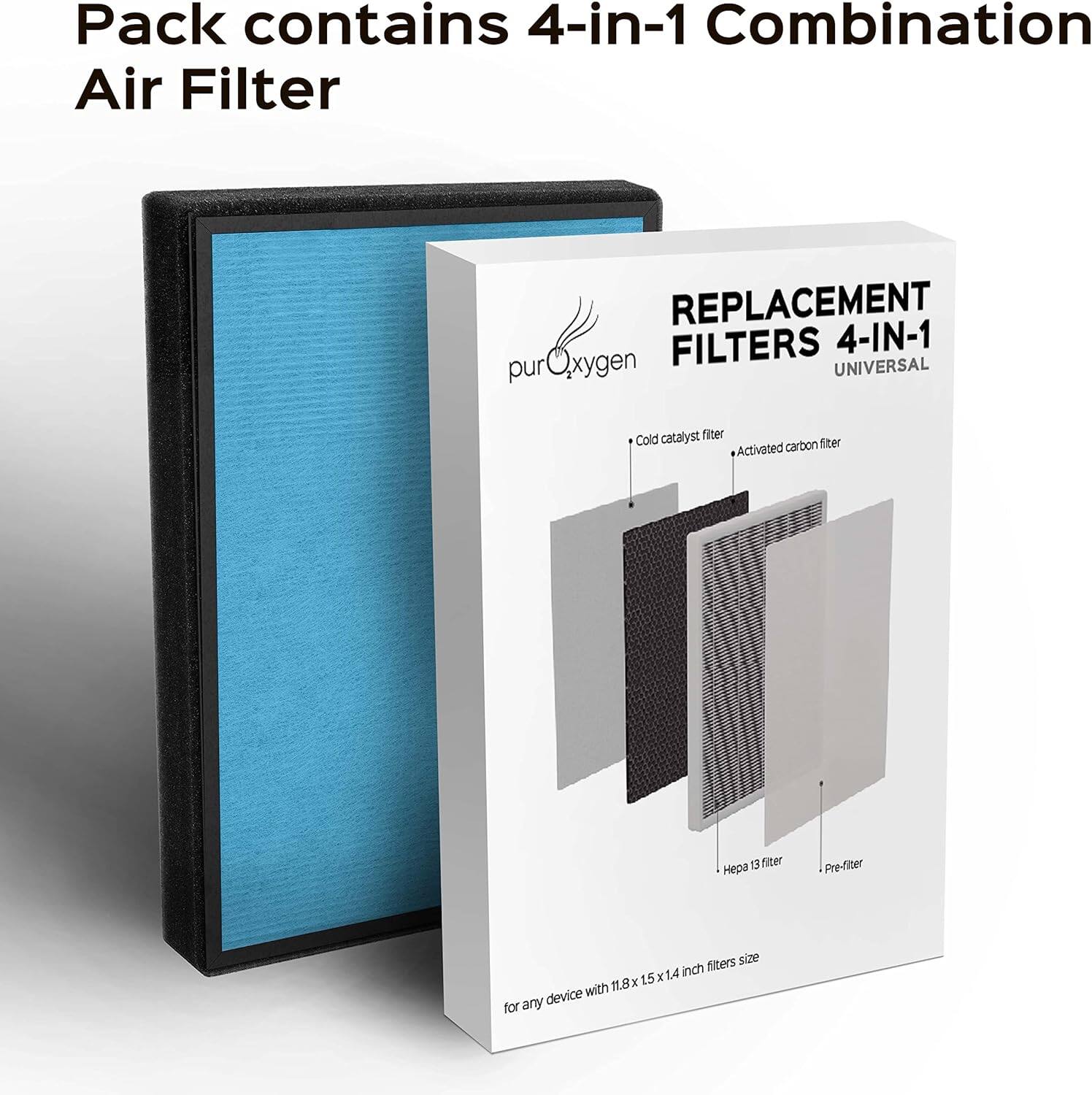 Pack contains 4-in-1 Combination Air Filter

REPLACEMENT FILTERS 4-IN-1

UNIVERSAL

- Cold catalyst filter
- Activated carbon filter
- Hepa 13 filter
- Pre-filter

for any device with 11.8 x 15 x 1.4 inch filters size