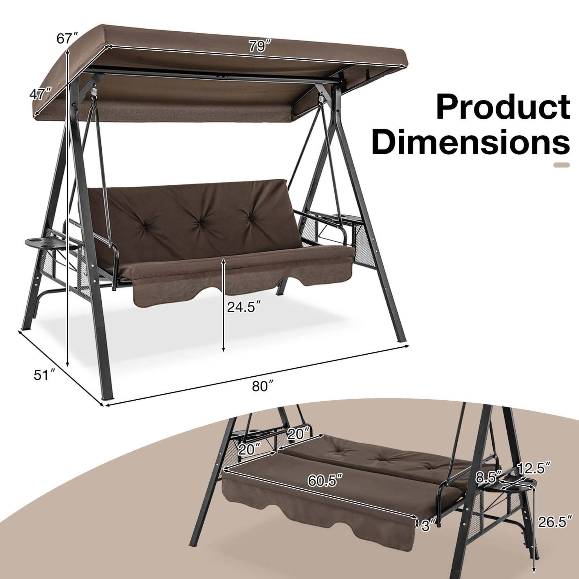 Product Dimensions: 67" x 79" x 47"

The image features a large brown couch or bed with a metal frame, which is placed under a canopy. The couch is positioned under a tent-like structure, providing shade and protection from the elements. The dimensions of the couch are 67" x 79" x 47", making it a spacious and comfortable seating area. The canopy and the couch together create a cozy and inviting outdoor space.