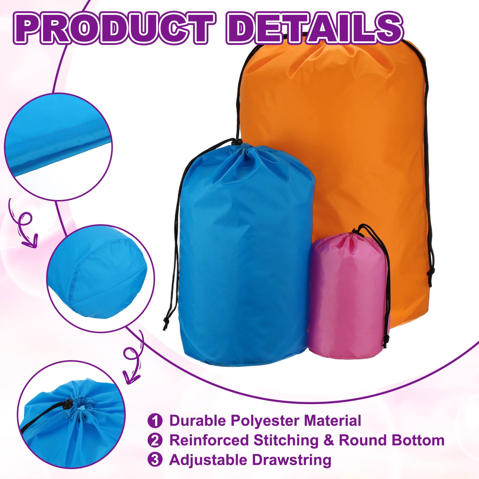 PRODUCT DETAILS

1. Durable Polyester Material
2. Reinforced Stitching & Round Bottom
3. Adjustable Drawstring