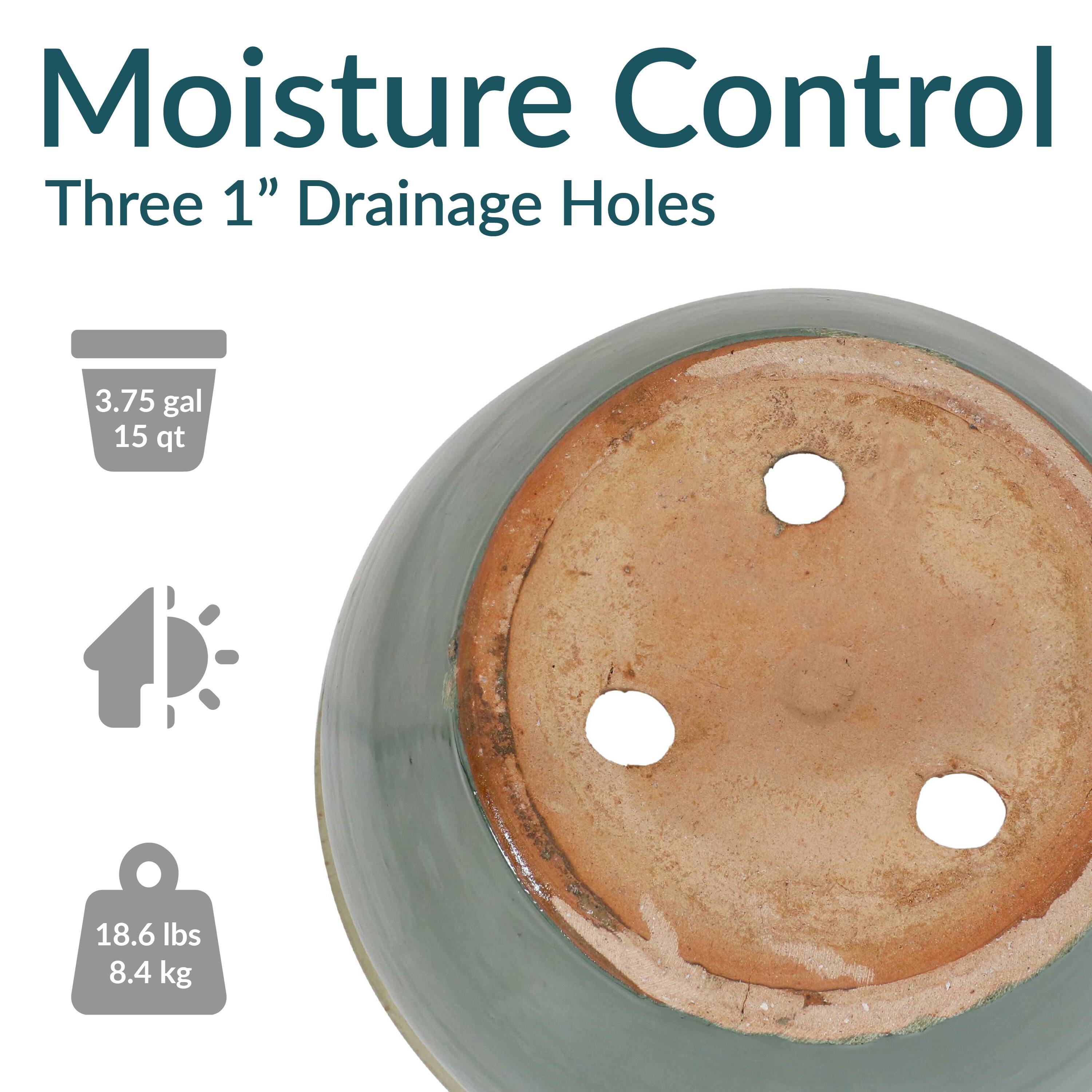 Moisture Control  
Three 1" Drainage Holes  

3.75 gal  
15 qt  

18.6 lbs  
8.4 kg
