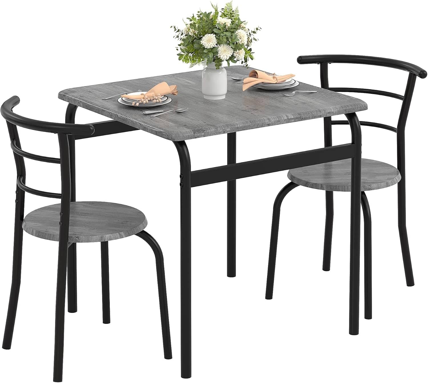 Vecelo - 3 Piece Dining Table Set for 2, Square Table with 2 Chairs, Compact Kitchen Table Set for Small Spaces, Modern Design - Gray
