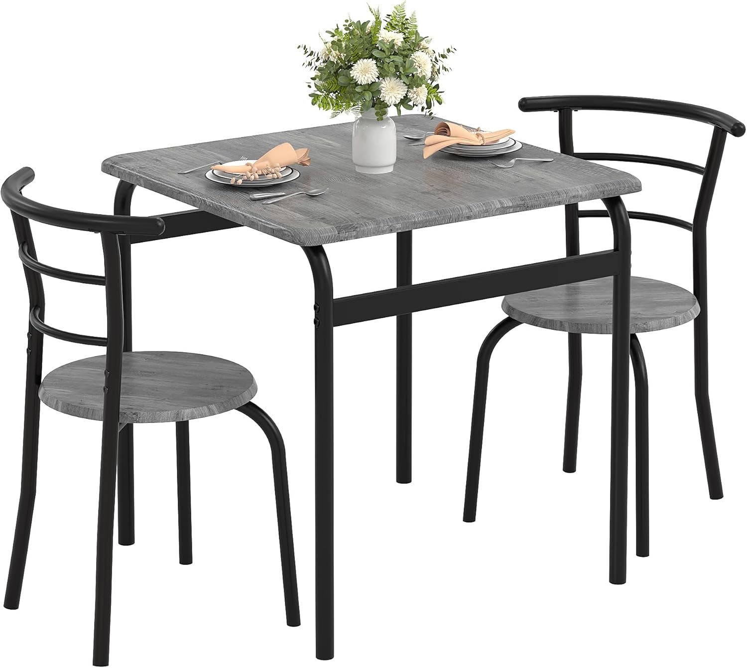 Vecelo - 3 Piece Dining Table Set for 2, Square Table with 2 Chairs, Compact Kitchen Table Set for Small Spaces, Modern Design - Gray