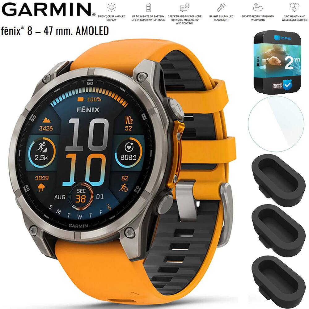 GARMIN fenix 8 - 47 mm. AMOLED DISPLAY

- UP TO 16 DAYS OF BATTERY LIFE IN SMARTWATCH MODE
- SPEAKER AND MICROPHONE FOR VOICE MESSAGING AND CONTROL
- BRIGHT BUILT-IN LED FLASHLIGHT
- SPORT-SPECIFIC STRENGTH WORKOUTS
- 24/7 HEALTH AND WELLNESS FEATURES
- 2 YEAR WARRANTY
- EXTENDED PROTECTION

Features:
- VO2
- 3428
- 2.5k
- 8081
- 1019
- 82
- 40 SEC
- 20 AUG
- 38 01
- SMTW