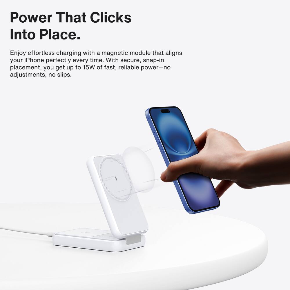 Power That Clicks Into Place.
Enjoy effortless charging with a magnetic module that aligns your iPhone perfectly every time. With secure, snap-in placement, you get up to 15W of fast, reliable power—no adjustments, no slips.