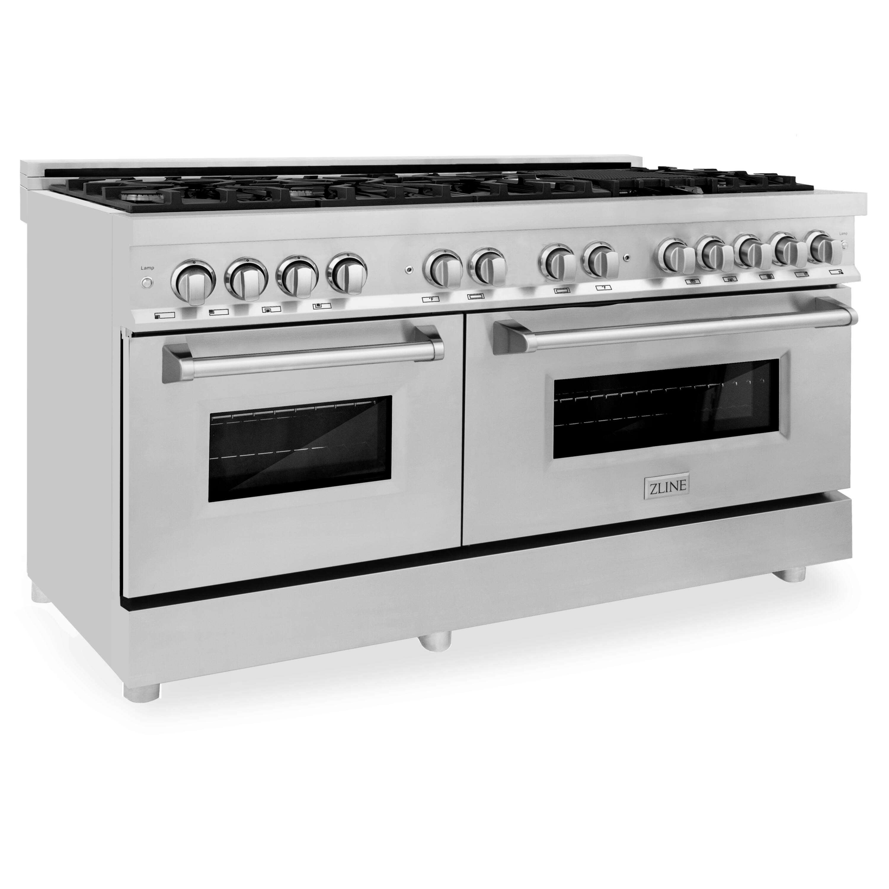 Left. ZLINE - 60" Legacy Dual Fuel Range w/ 9 Burner Gas Cooktop and 2 Electric Convection Ovens (RA60) - Stainless steel.