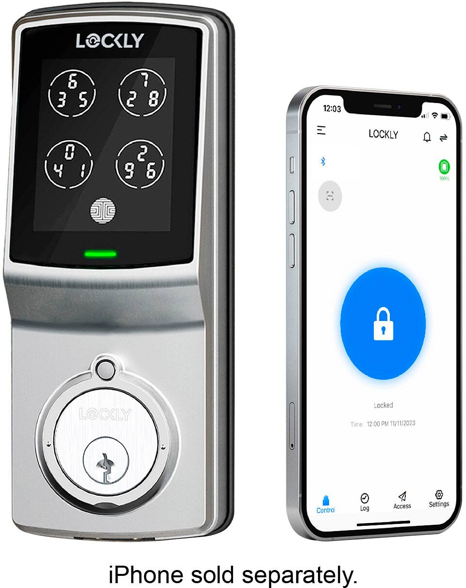 LOCKLY & 3 5 7 2 8 12:03 8 4  2 9 6 LOCKLY 100% LOCKLY Locked Time 12:00 PM 11/11/2023 Contro Log Access Settings iPhone sold separately.