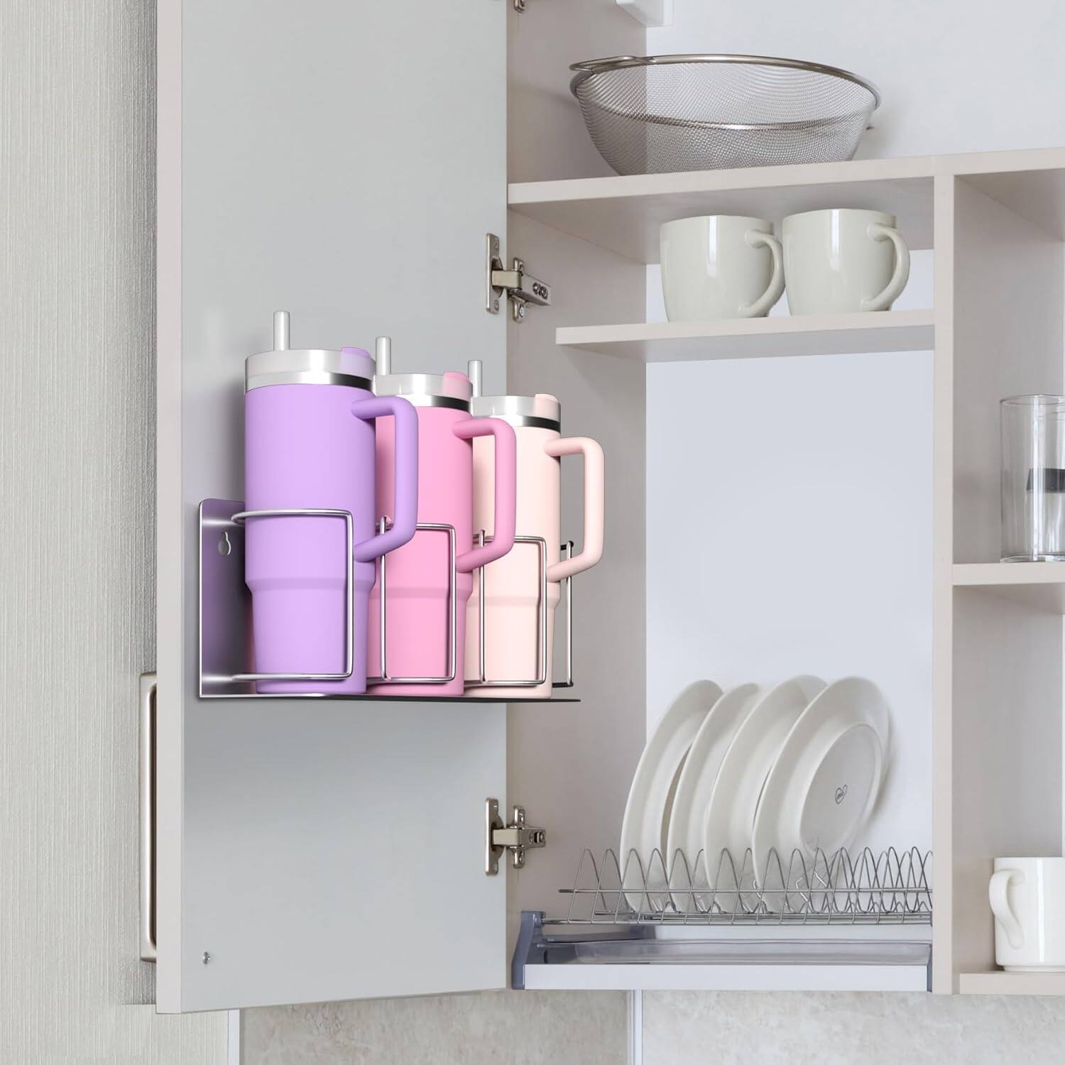 Back. Sorbus - Sorbus Stanley Cup Holder Tumbler Organizer, 3-Cup, Holder for Cabinet, Fridge, or Wall, Magnetic or Screw Mount - Silver.