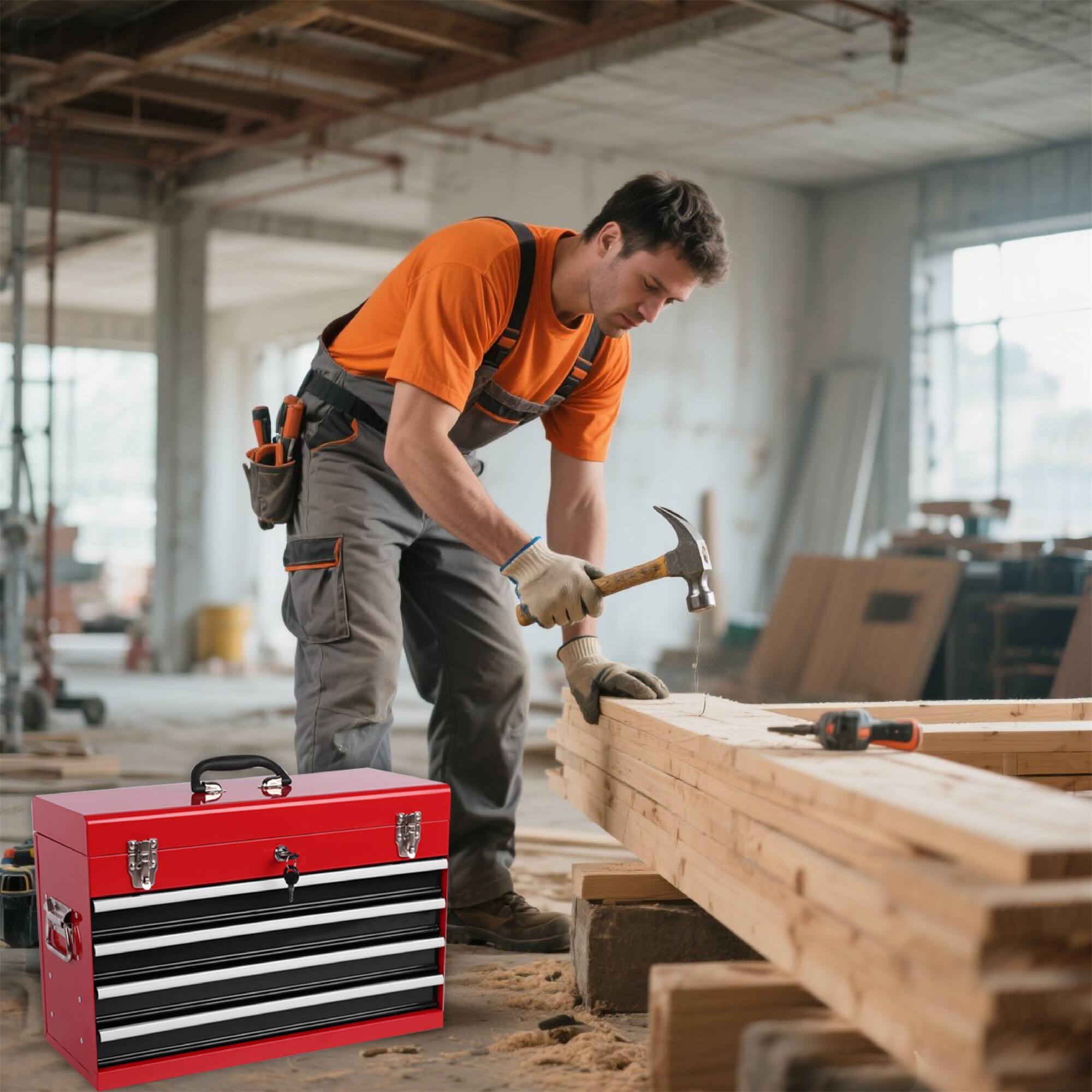 Alt View 4. Boyel Living - Red Heavy Duty Metal Tool Box, 21-inch, Portable Metal Tool Box with 4 Drawers.