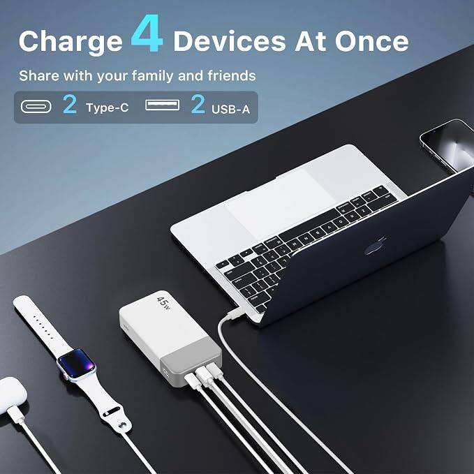 Charge 4 Devices At Once  
Share with your family and friends  
2 Type-C  
2 USB-A